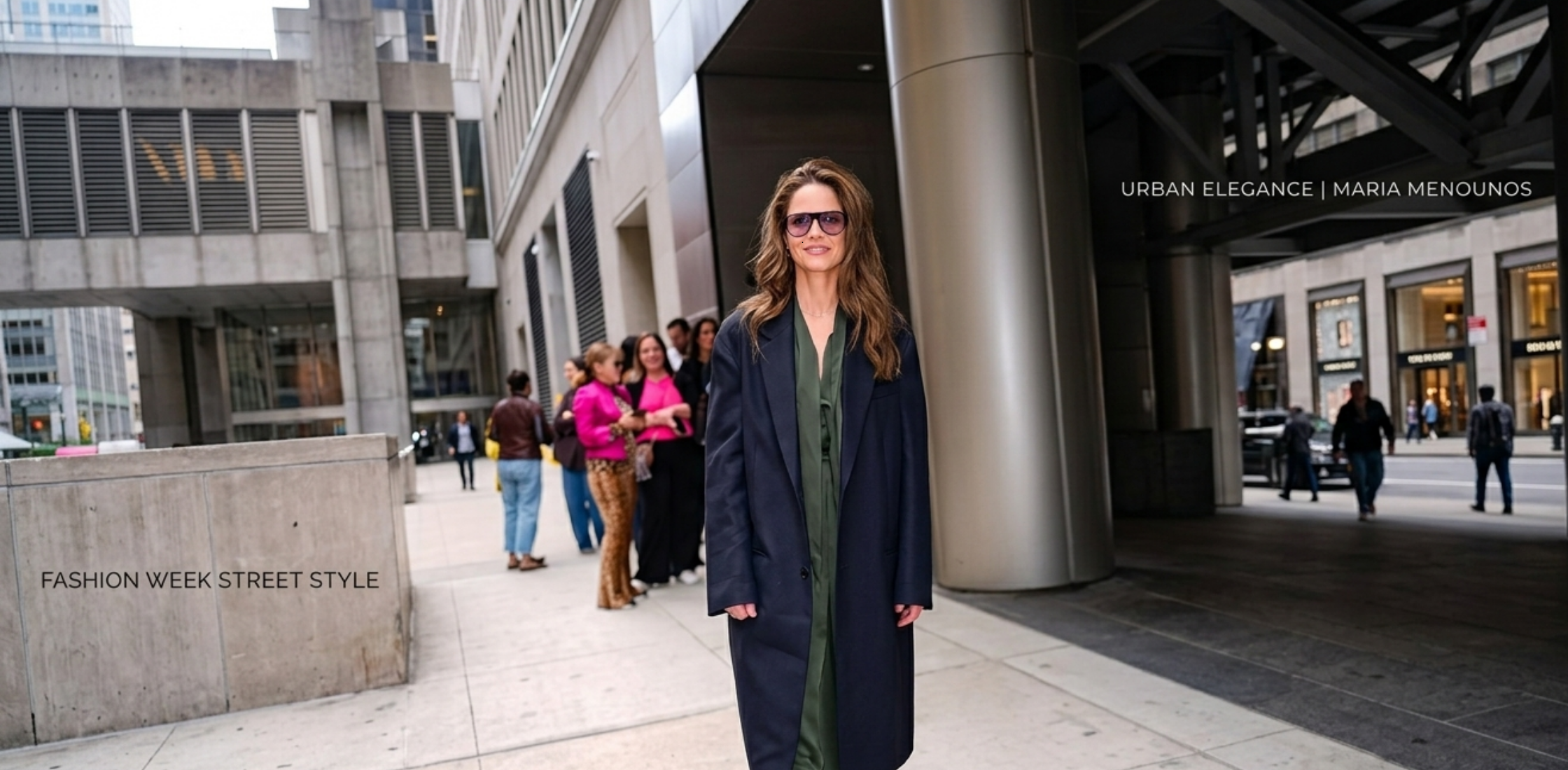 Amanda Peet NYC 2026 navy wool long coat with oversized silhouette, notched lapels, and mid-calf length elegant street style look