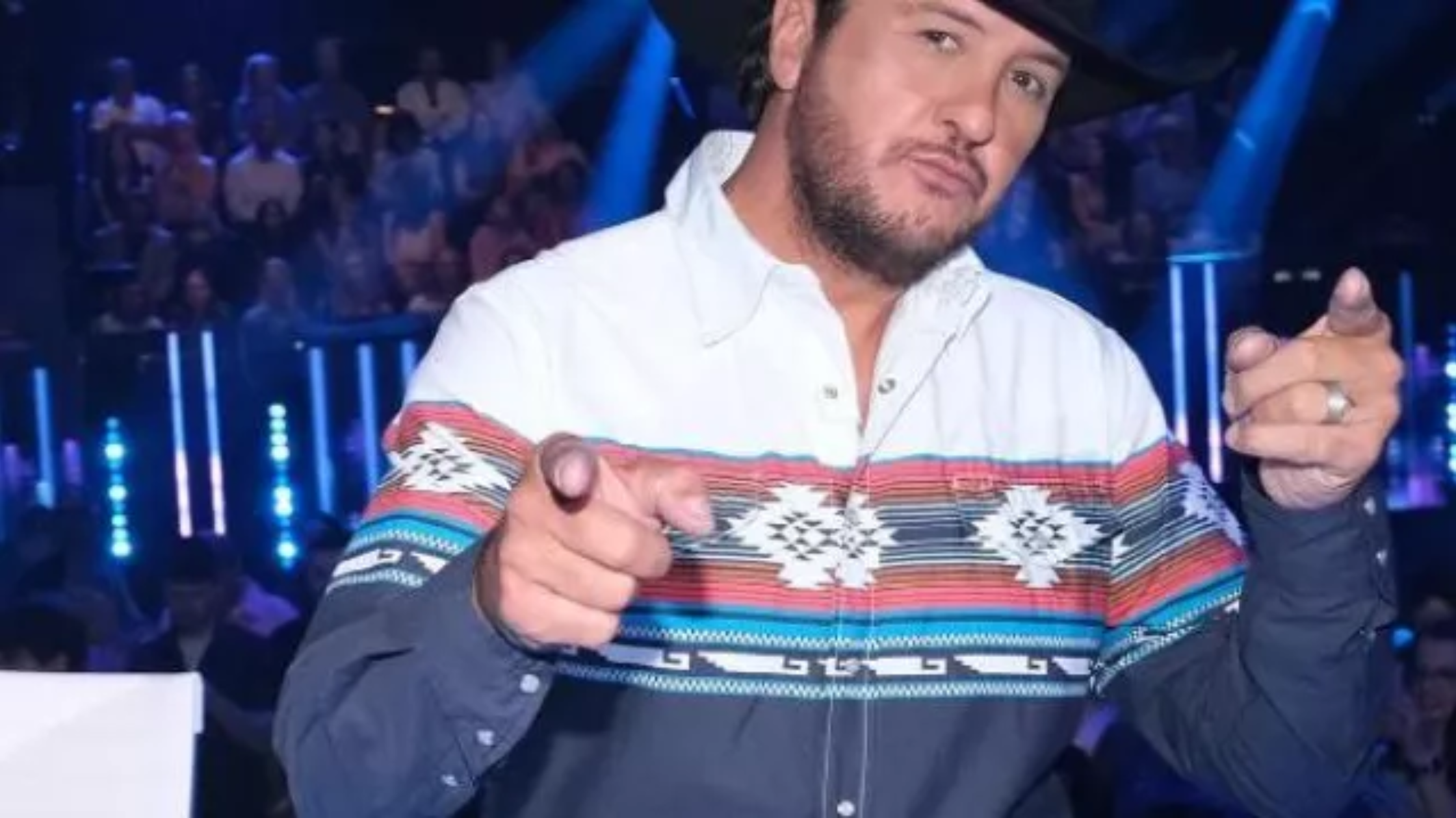 American Idol S23 Luke Bryan Southwestern Aztec print western shirt with terracotta, turquoise, and navy colorblock