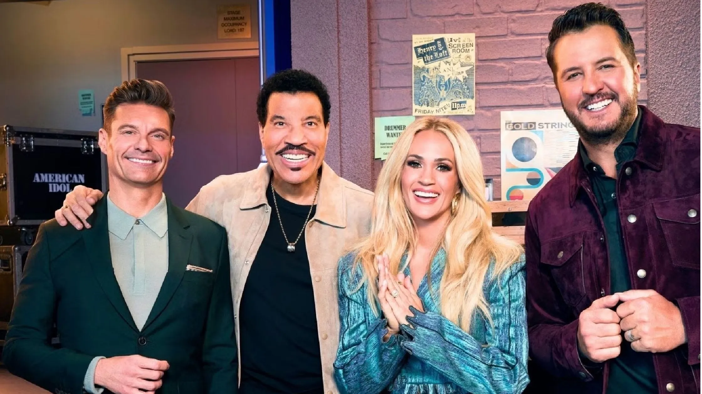 Carrie Underwood in a crystal-studded blazer, Luke Bryan in a leather jacket, and Trew The Star in expressive denim on the American Idol Season 24 stage, showcasing fashion alongside music.