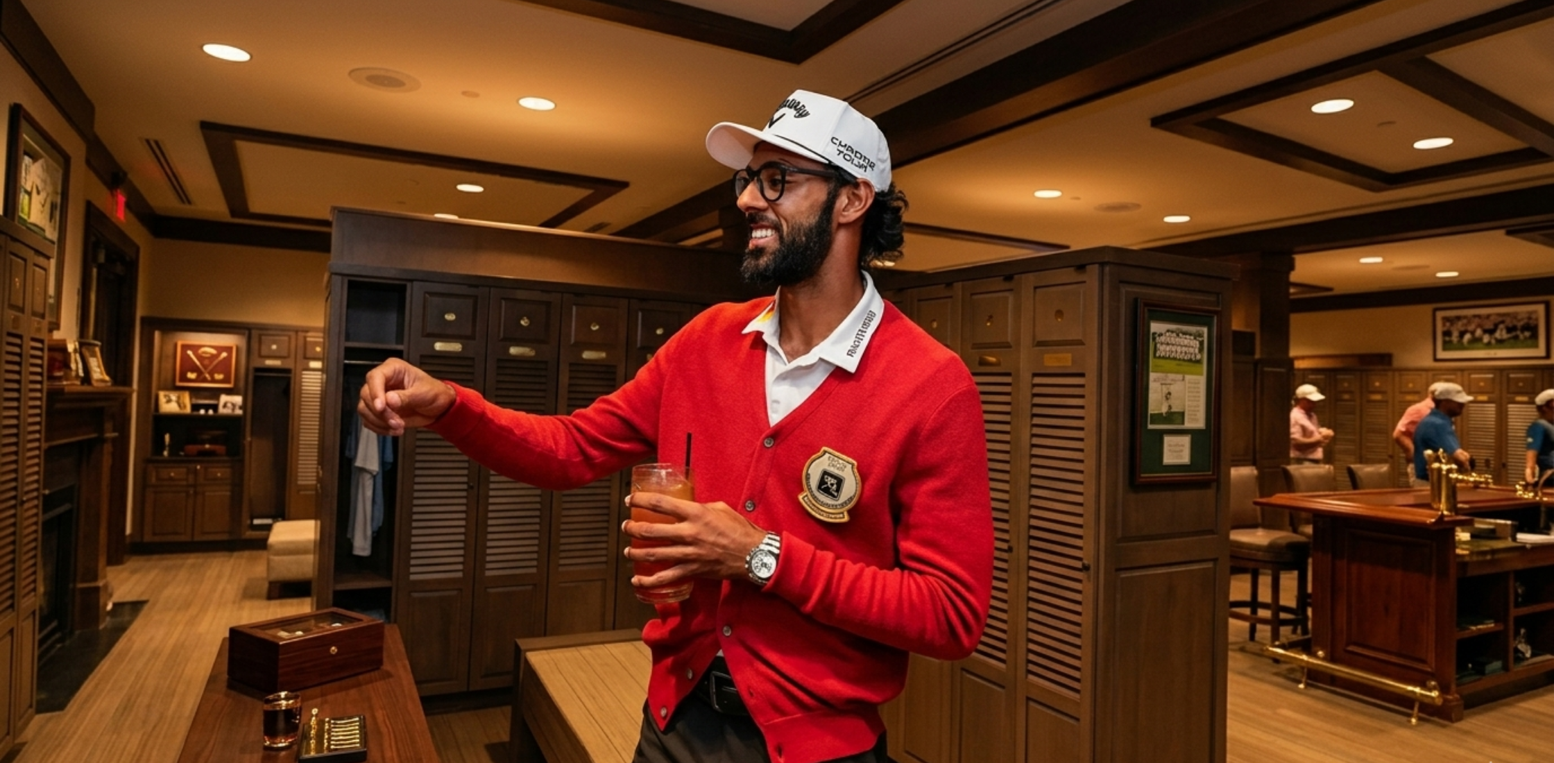 Arnold Palmer Red Cardigan with crest â€“ classic cherry red V-neck golf cardigan worn by Akshay Bhatia at Arnold Palmer Invitational