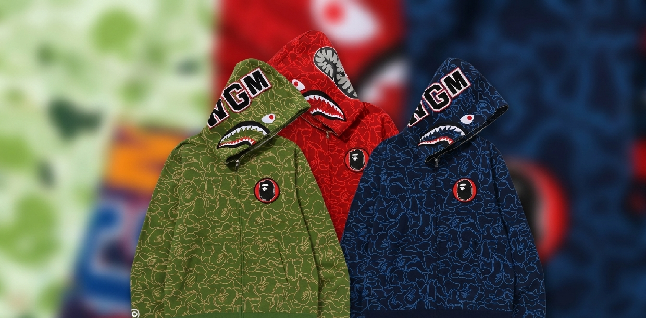 BAPE 30th Anniversary Line Camo Shark Full Zip Hoodie in green with shark face and WGM patch