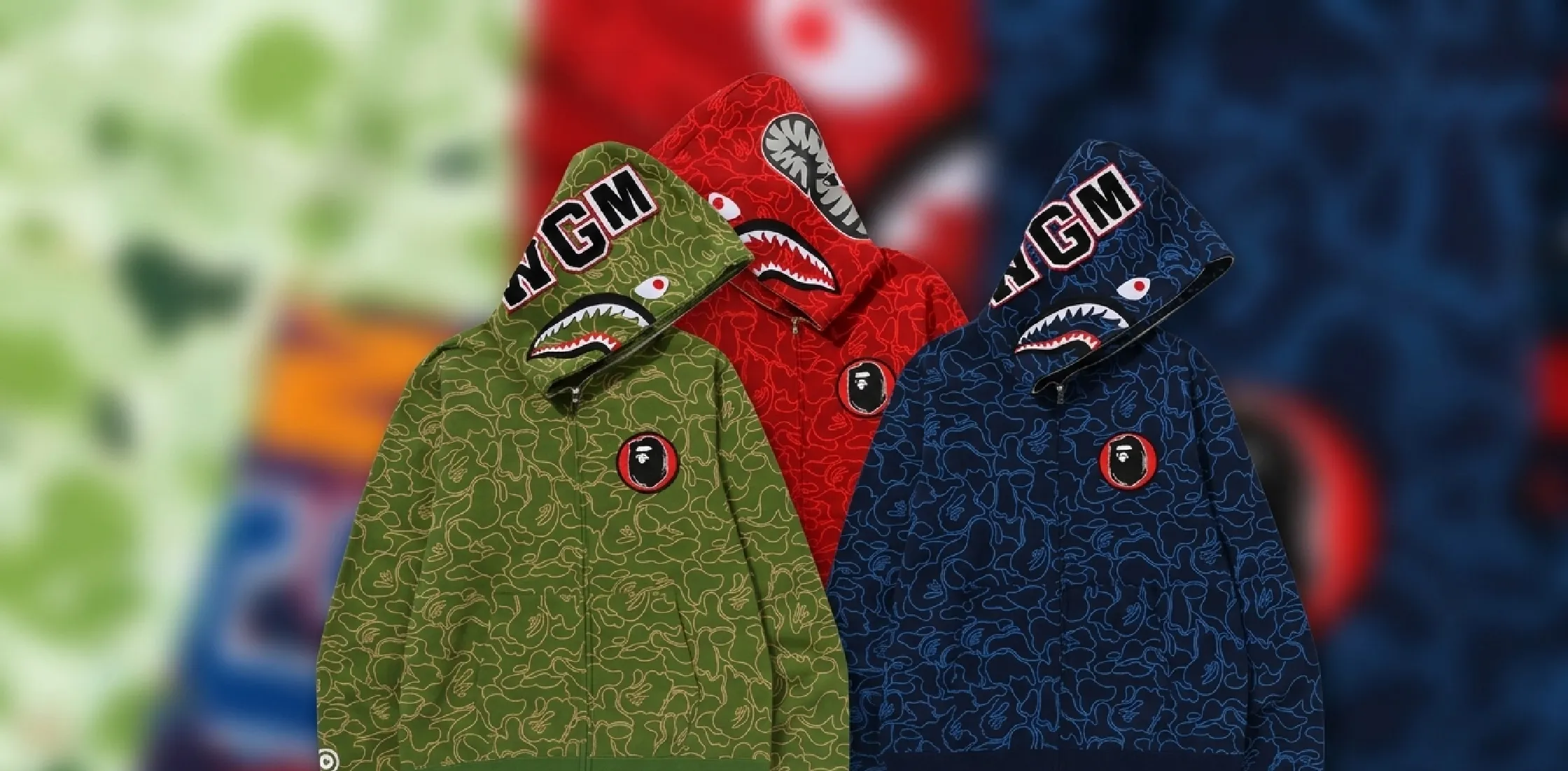 BAPE 30th Anniversary Line Camo Shark Full Zip Hoodie in green with shark face and WGM patch