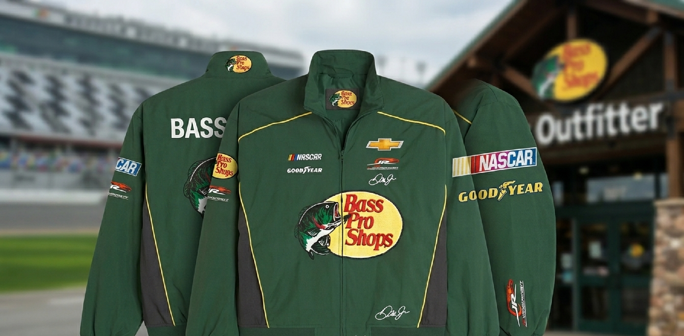 Bass Pro Shops Racing Jacket green zipper bomber with motorsports logos