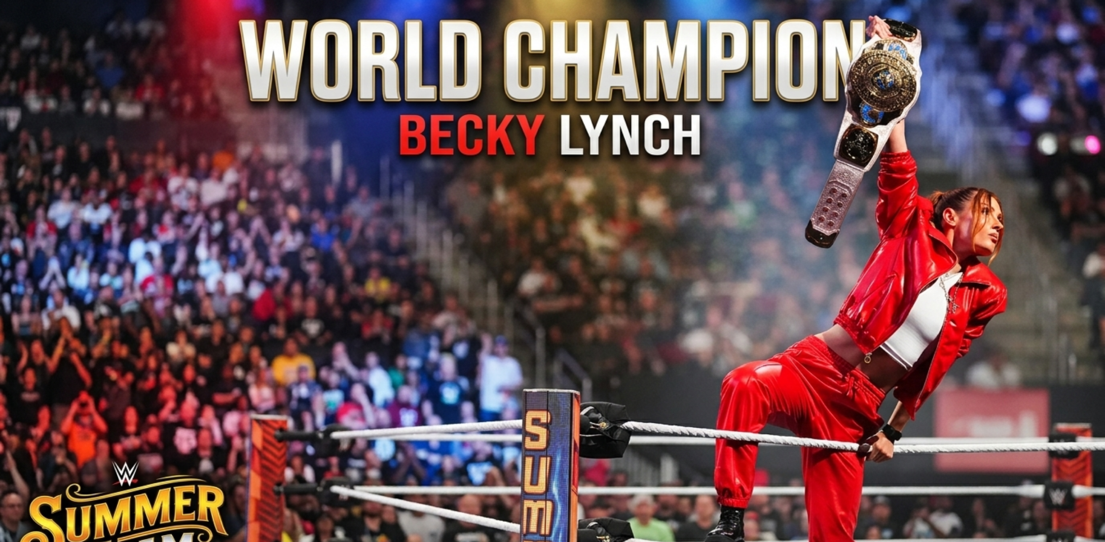 Becky Lynch WWE Monday Night RAW red cropped bomber jacket with gold zipper, puffed shoulders, and glossy leather finish in bold cherry red style