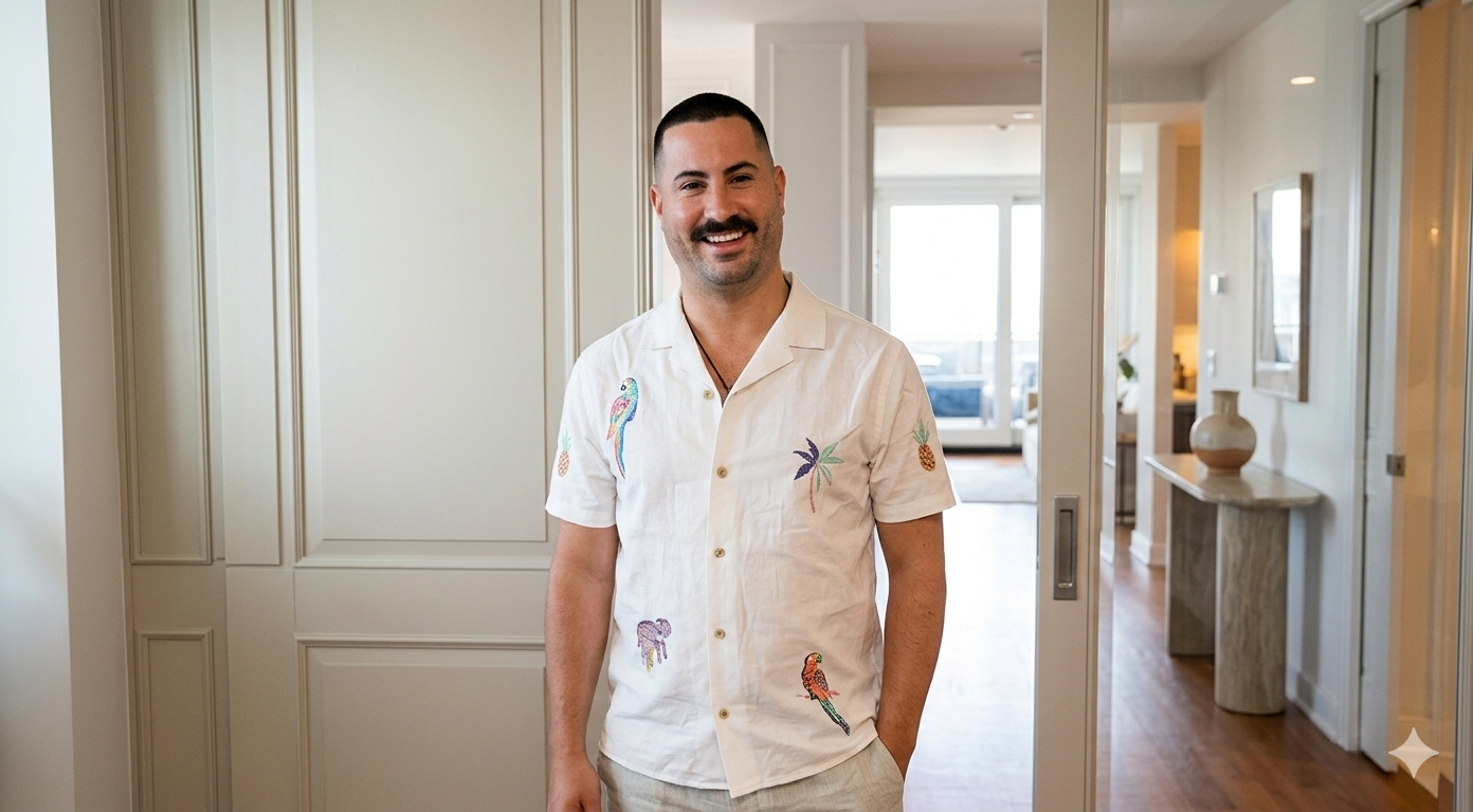 Below Deck Mediterranean S10 printed button-down shirt with tropical parrots and palm leaves