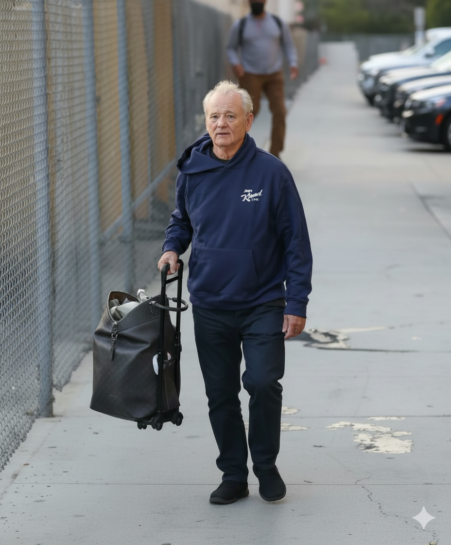 Bill Murray Jimmy Kimmel Live navy pullover hoodie with white chest logo, crossover funnel-neck, and kangaroo pocket