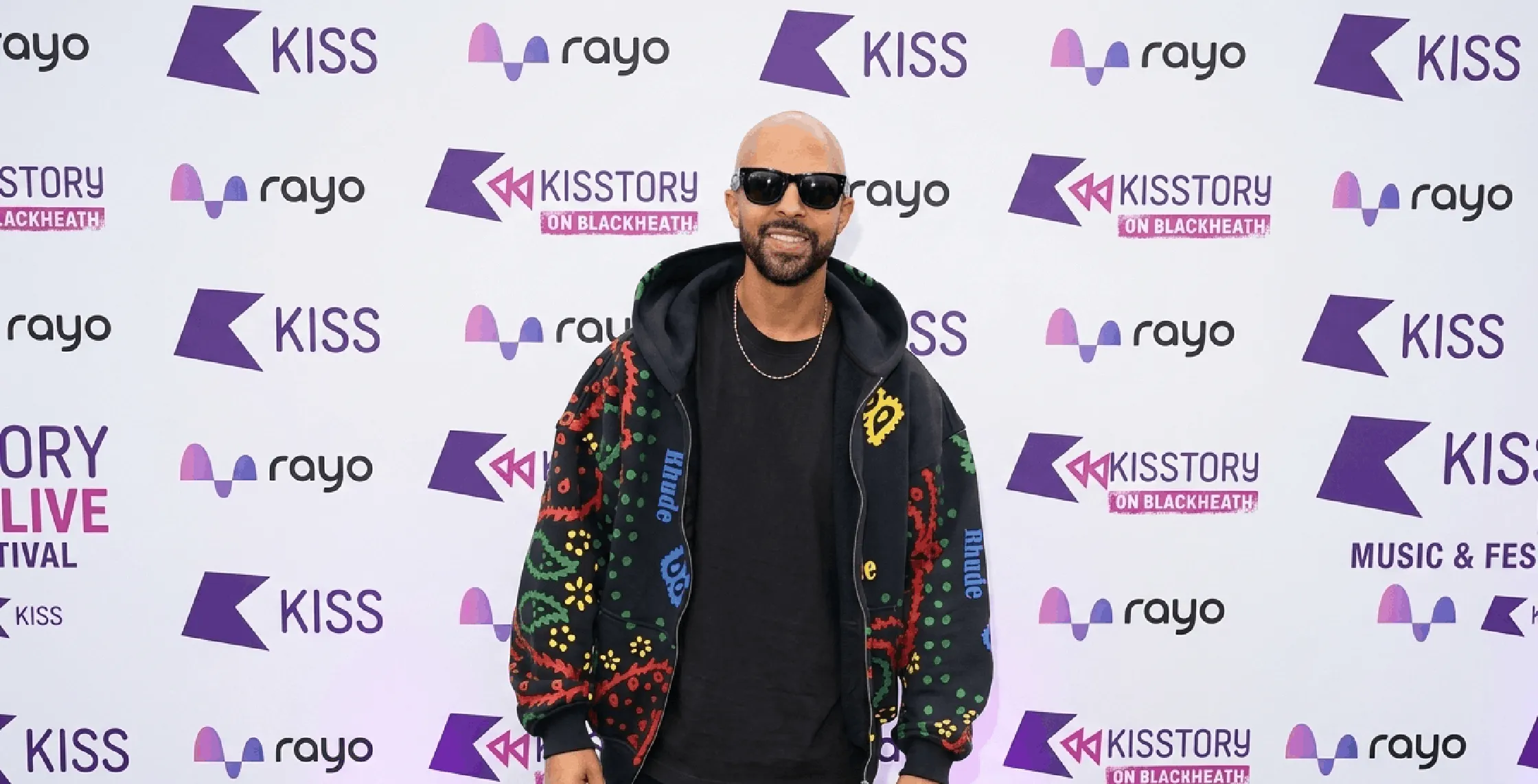 Marvin Hume Kisstory Blackheath Live 2025 black multicolor paisley graphic oversized hoodie with Rhude logo