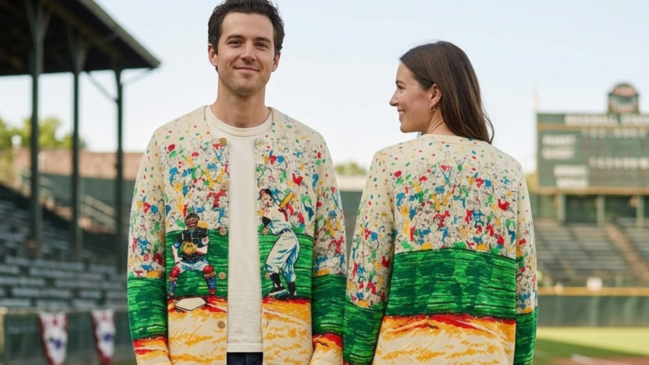 Bode Slugger Cardigan, baseball cardigan, hand-illustrated cardigan, Bode statement piece, Bode fashion, artistic cardigan, wearable art, vintage sports sweater, baseball-inspired fashion