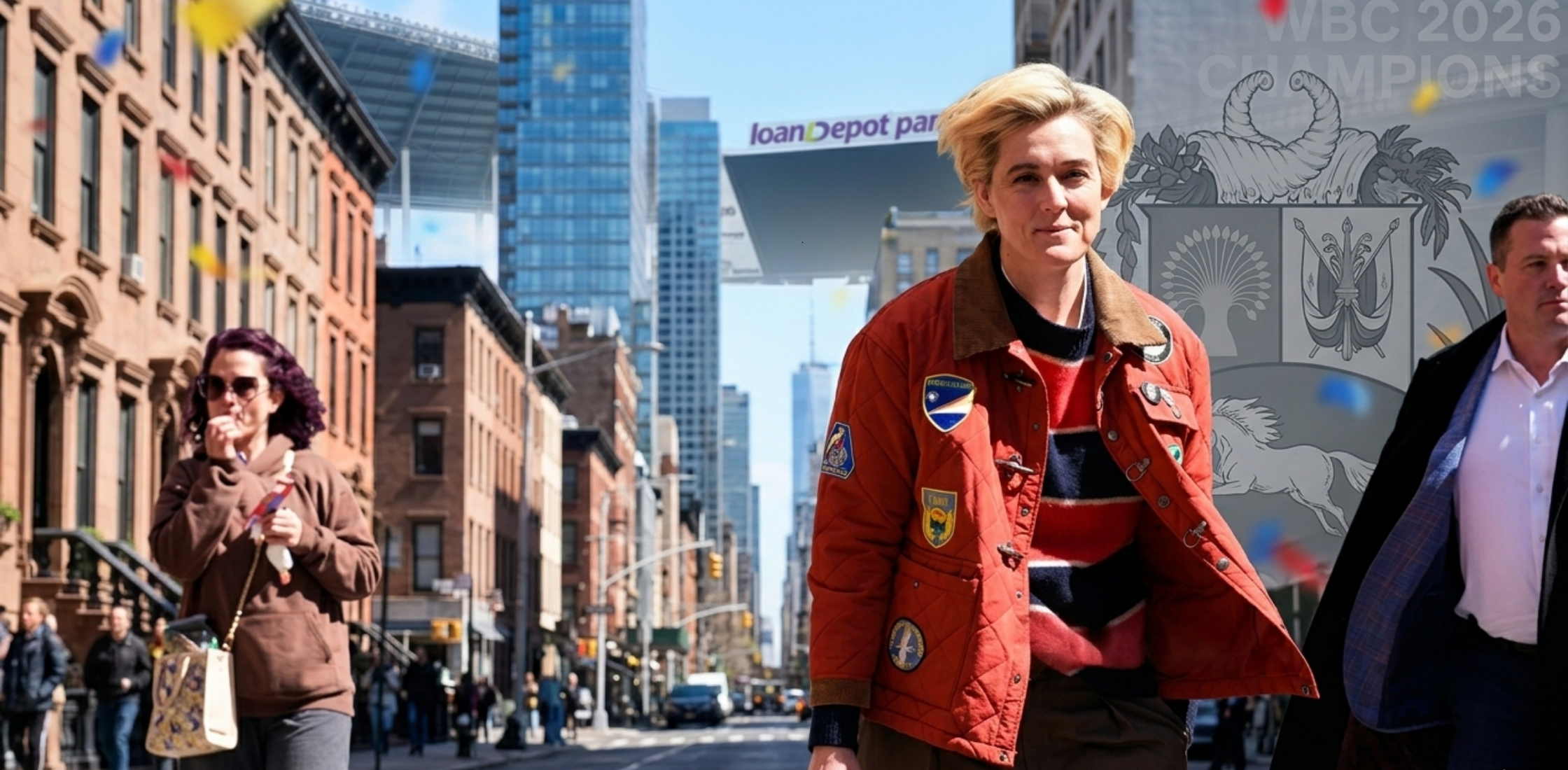 Brandi Carlile NYC 2026 red quilted jacket with diamond stitching, corduroy collar, embroidered patches, and dual-closure front design