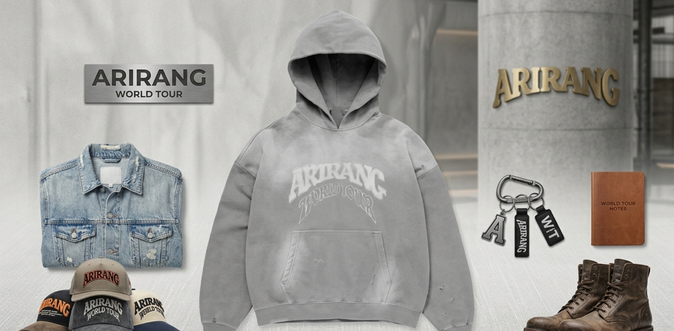 BTS Arirang World Tour Grey Hoodie with distressed vintage wash, oversized fit, and bold gothic ARIRANG graphic on the front