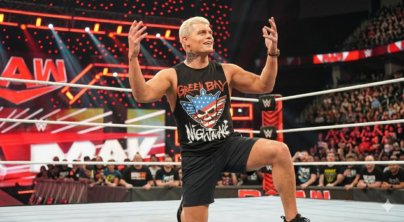 Cody Rhodes Monday Night RAW black tank top featuring winged skull, American flag, and â€œGreen Bay Nightmareâ€ design