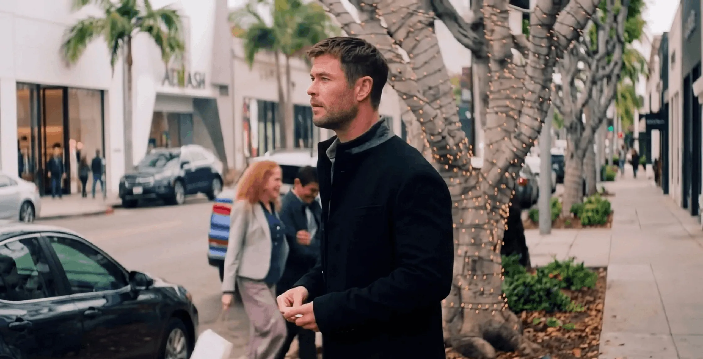 Crime 101 Chris Hemsworth Black Wool Car Coat with Leather Trim