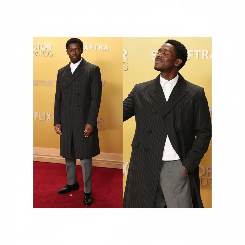 Damson Idris charcoal grey pinstripe long coat at the Netflix afterparty of the Screen Actors Guild Awards