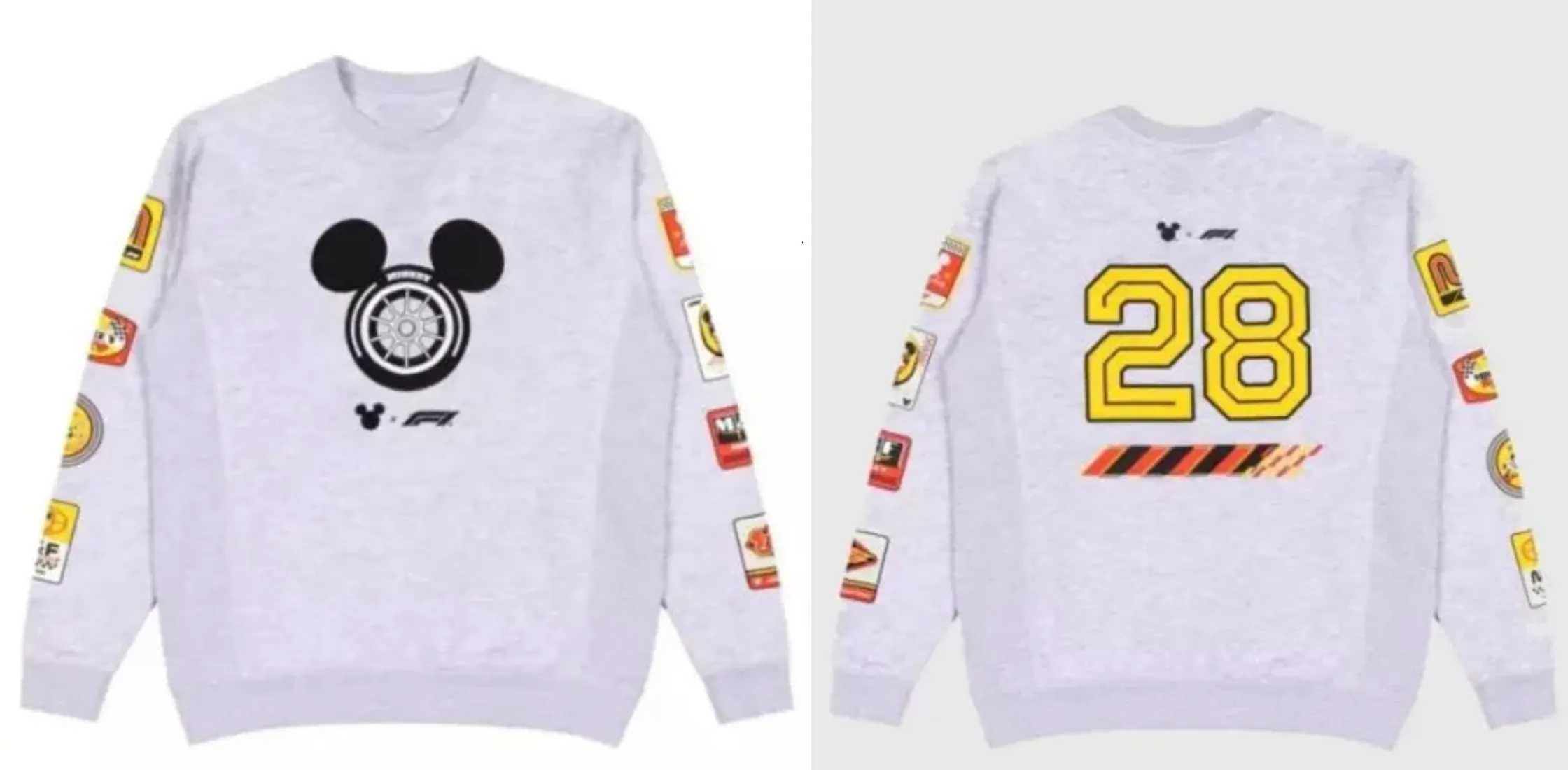 Disney x Formula 1 Mickey Mouse grey pullover sweatshirt with racing wheel graphic, colorful sleeve patches, and bold number 28 on back