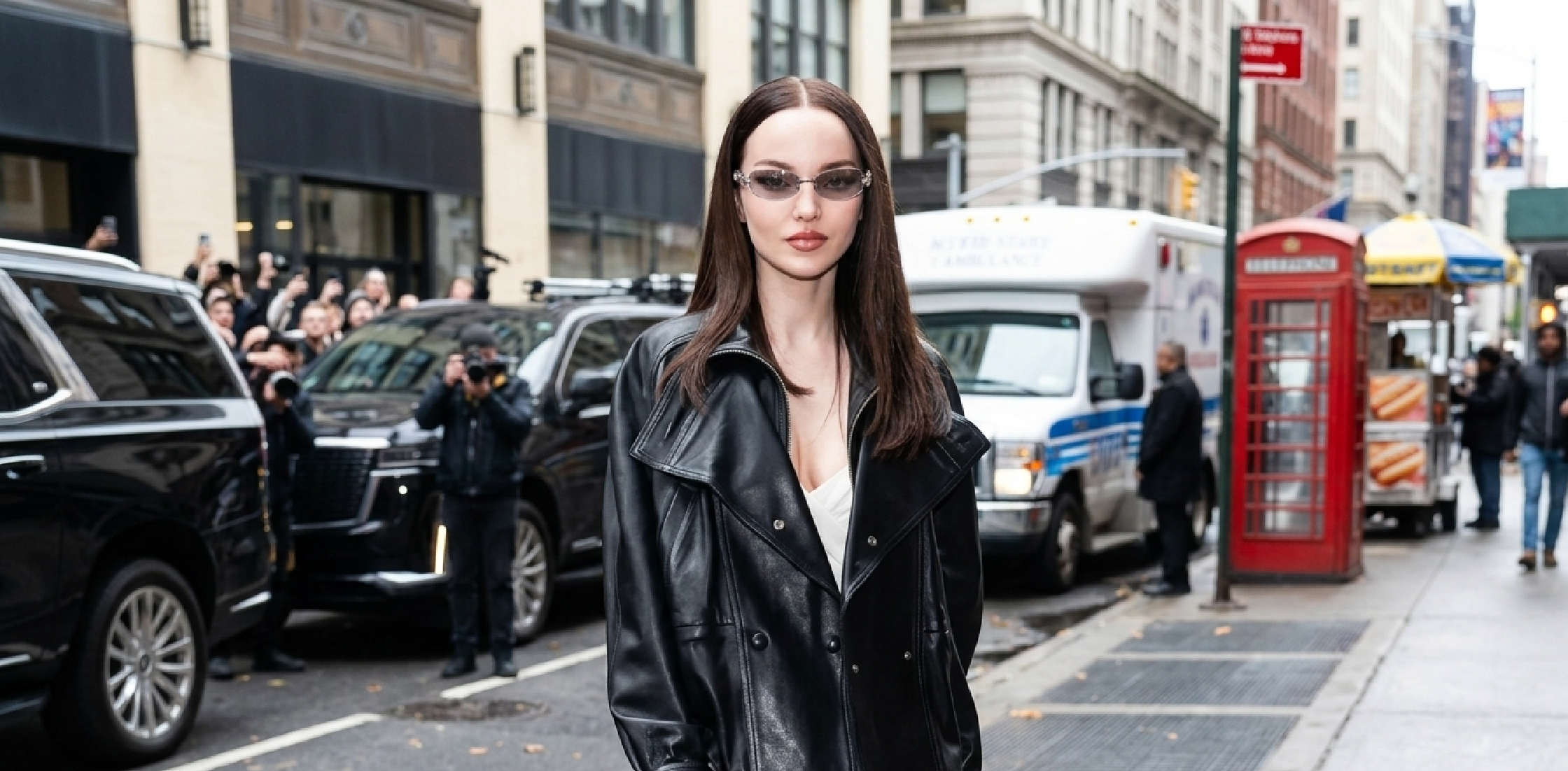 Dove Cameron wearing oversized NYC black leather jacket with wide notched lapels in New York City