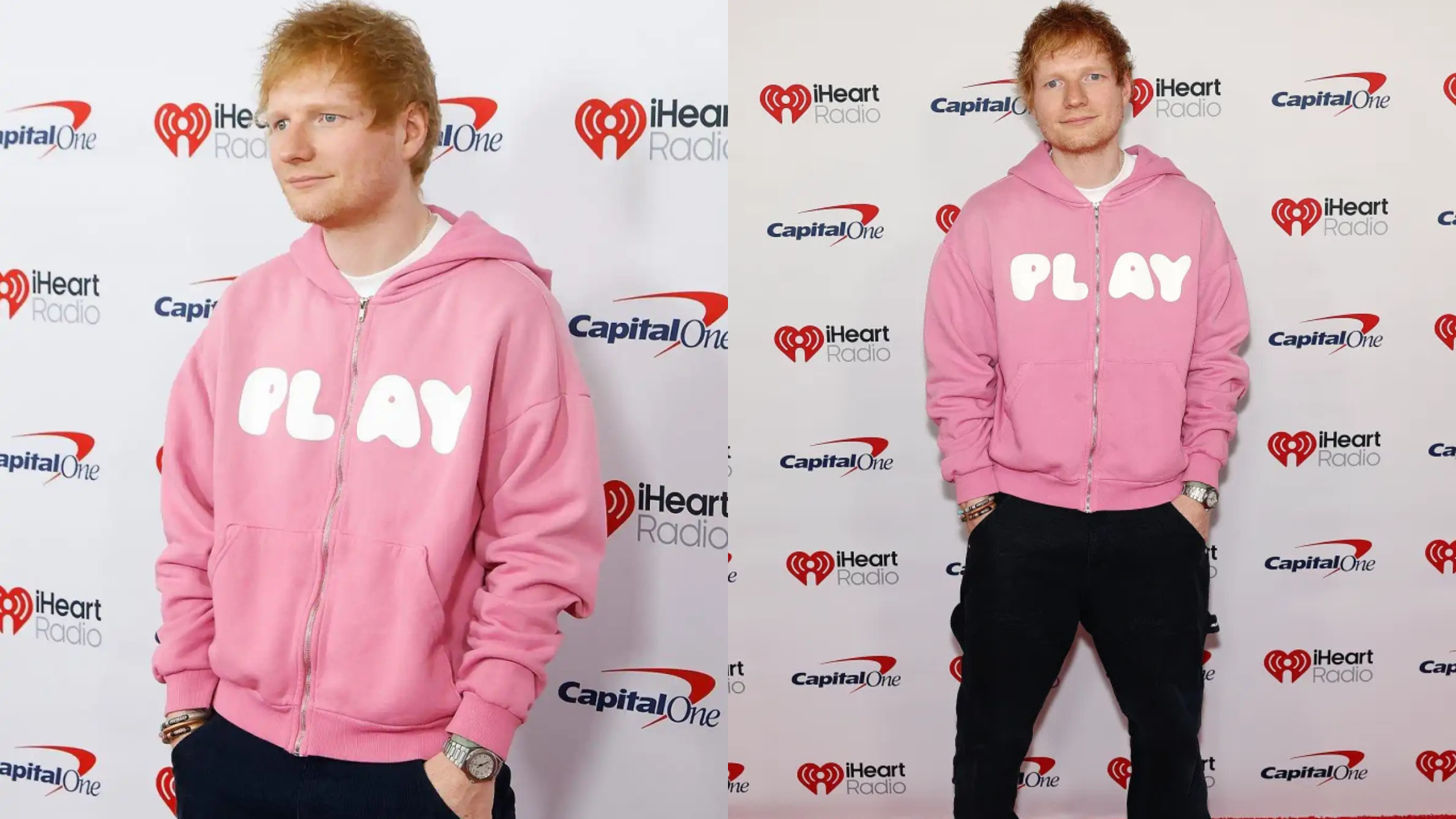 Ed Sheeran iHeartRadio Z100 Jingle Ball 2025 bubblegum pink oversized zip-up hoodie with PLAY graphic
