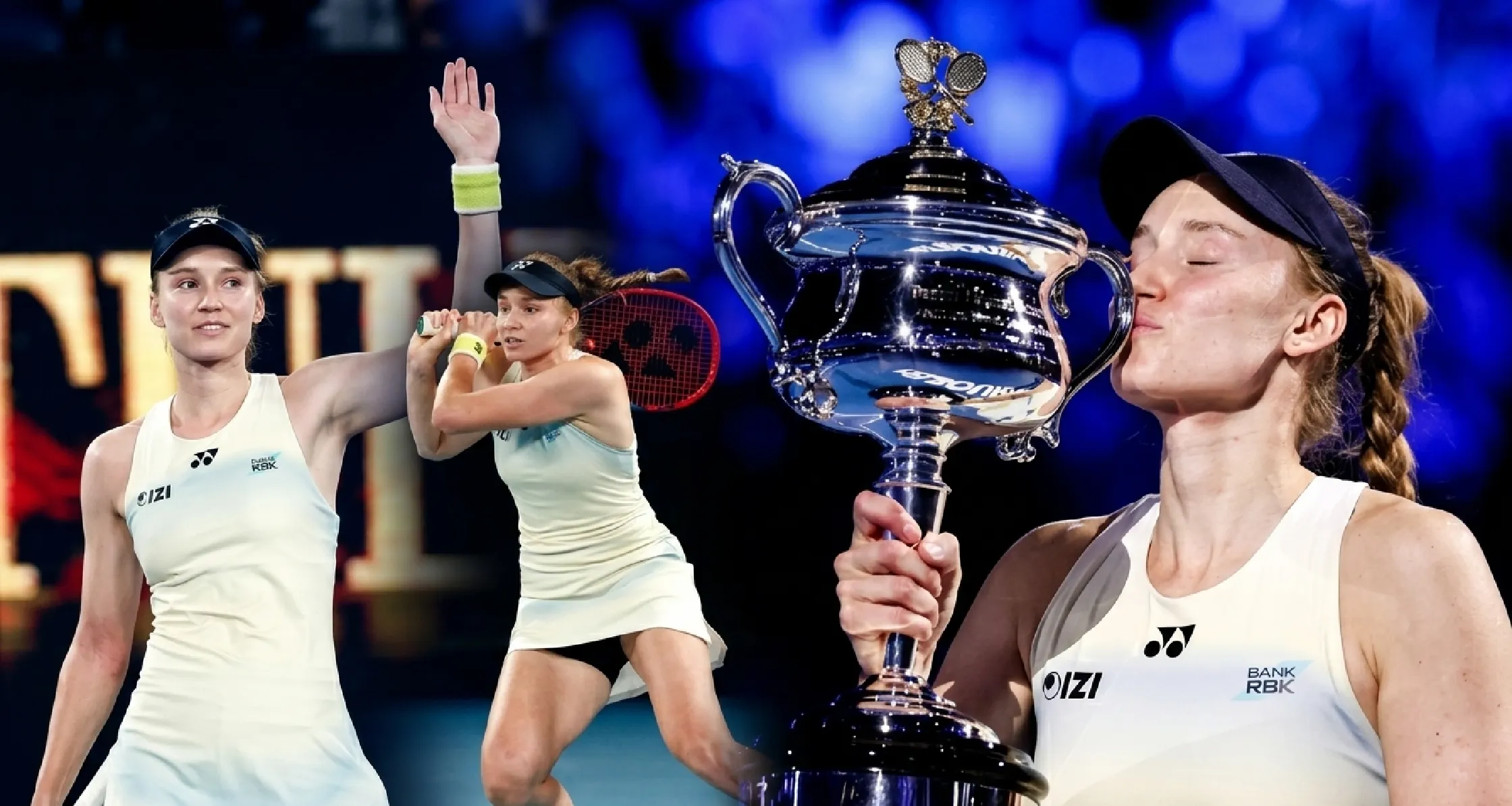 Elena Rybakina 2026 Australian Open creamy yellow racerback tennis dress with subtle chest gradient, rear vent cutout, black Yonex and sponsor logos, paired with black visor, shown on court.