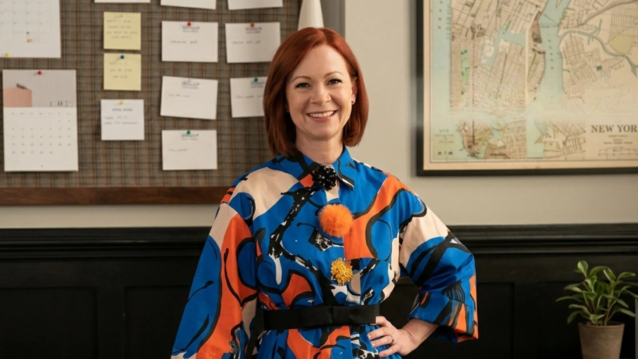Carrie Preston as Elsbeth Tascioni wearing cobalt blue abstract printed oversized shirt in Elsbeth Season 3 Episode 6