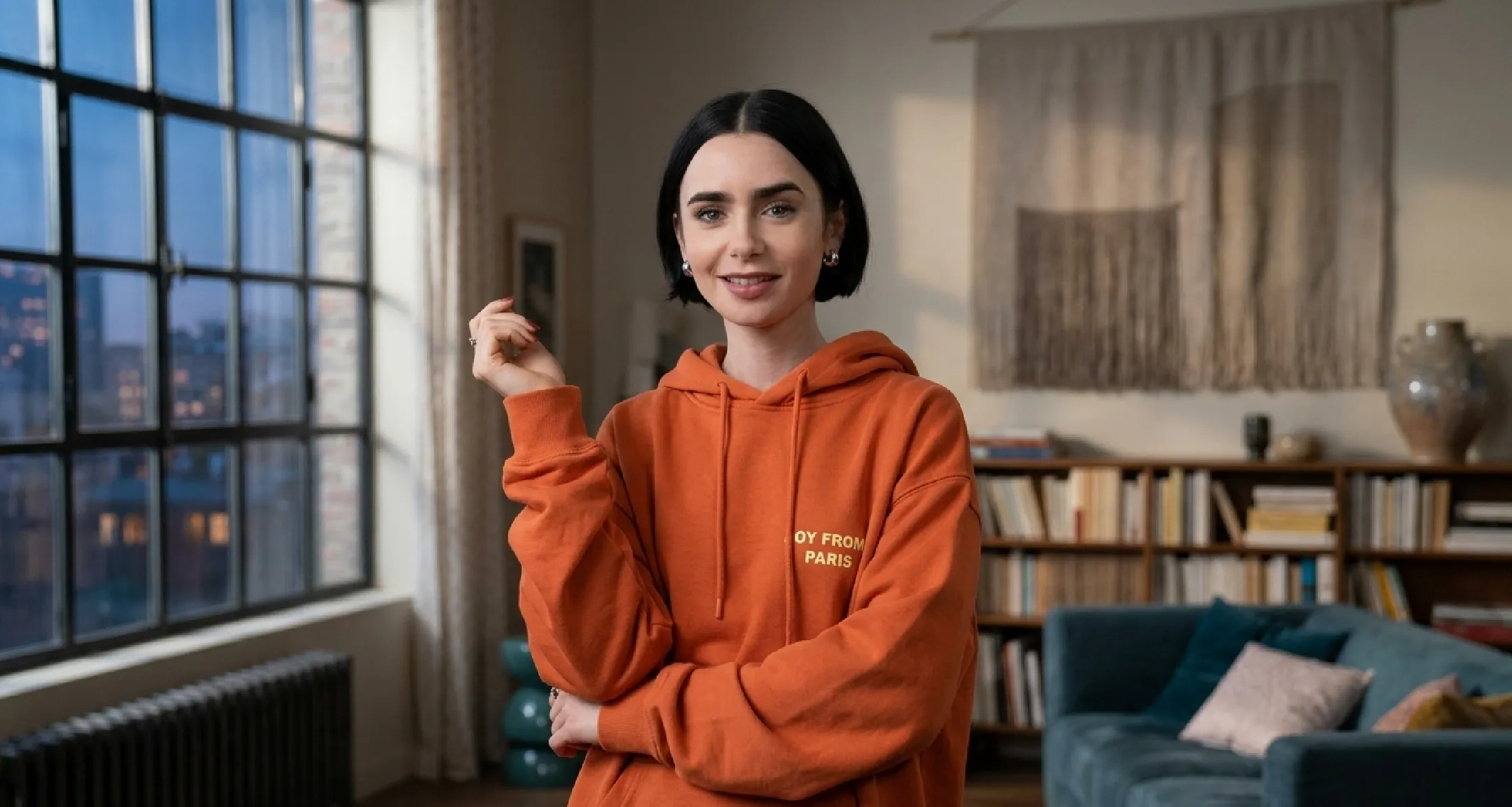 Emily in Paris S05 Emily Cooper oversized orange hoodie with NOT FROM PARIS MADAME print