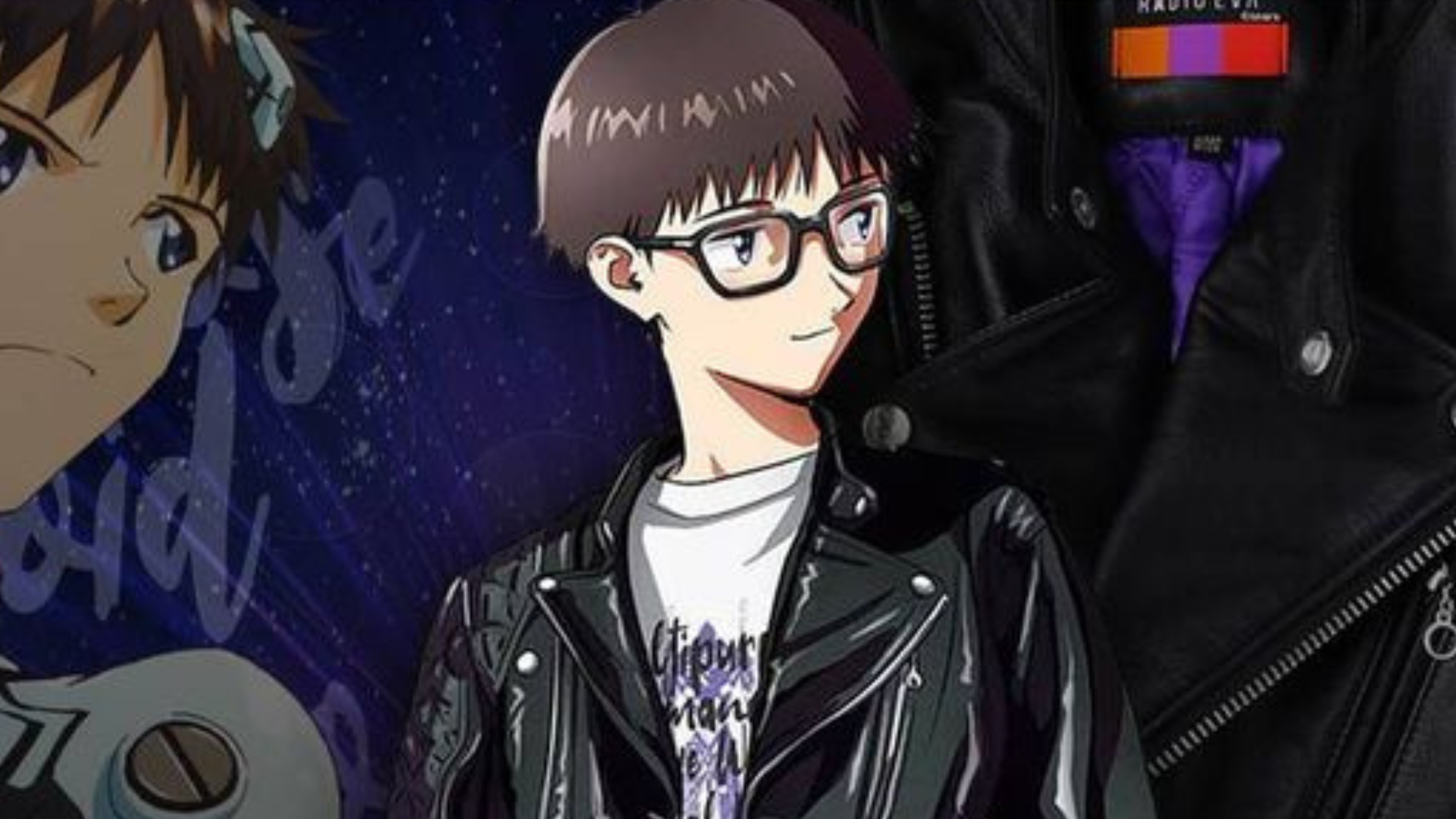 Black Evangelion EVA-01 leather biker jacket with neon green cuff accents, purple lining, and bold Evangelion Unit-01 typography on the back.