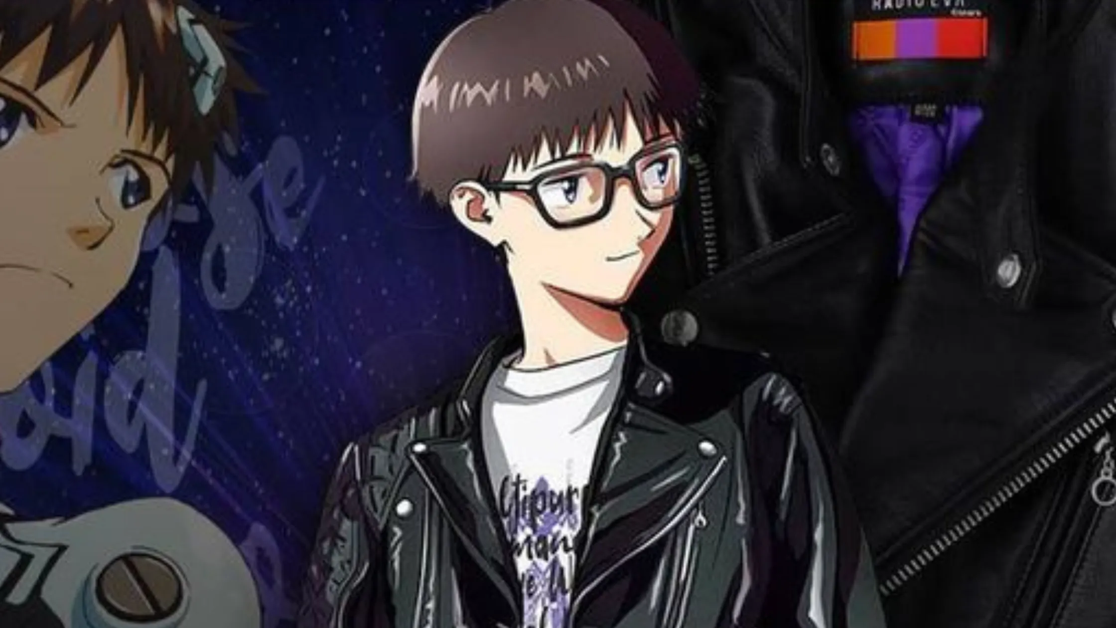 Black Evangelion EVA-01 leather biker jacket with neon green cuff accents, purple lining, and bold Evangelion Unit-01 typography on the back.