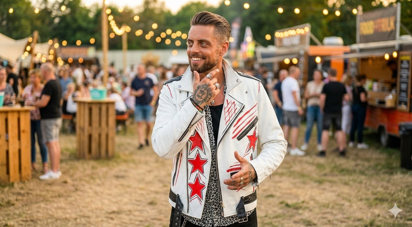 Flackstock Festival 2025 Keith Duffy asymmetrical white leather biker jacket with red star accents