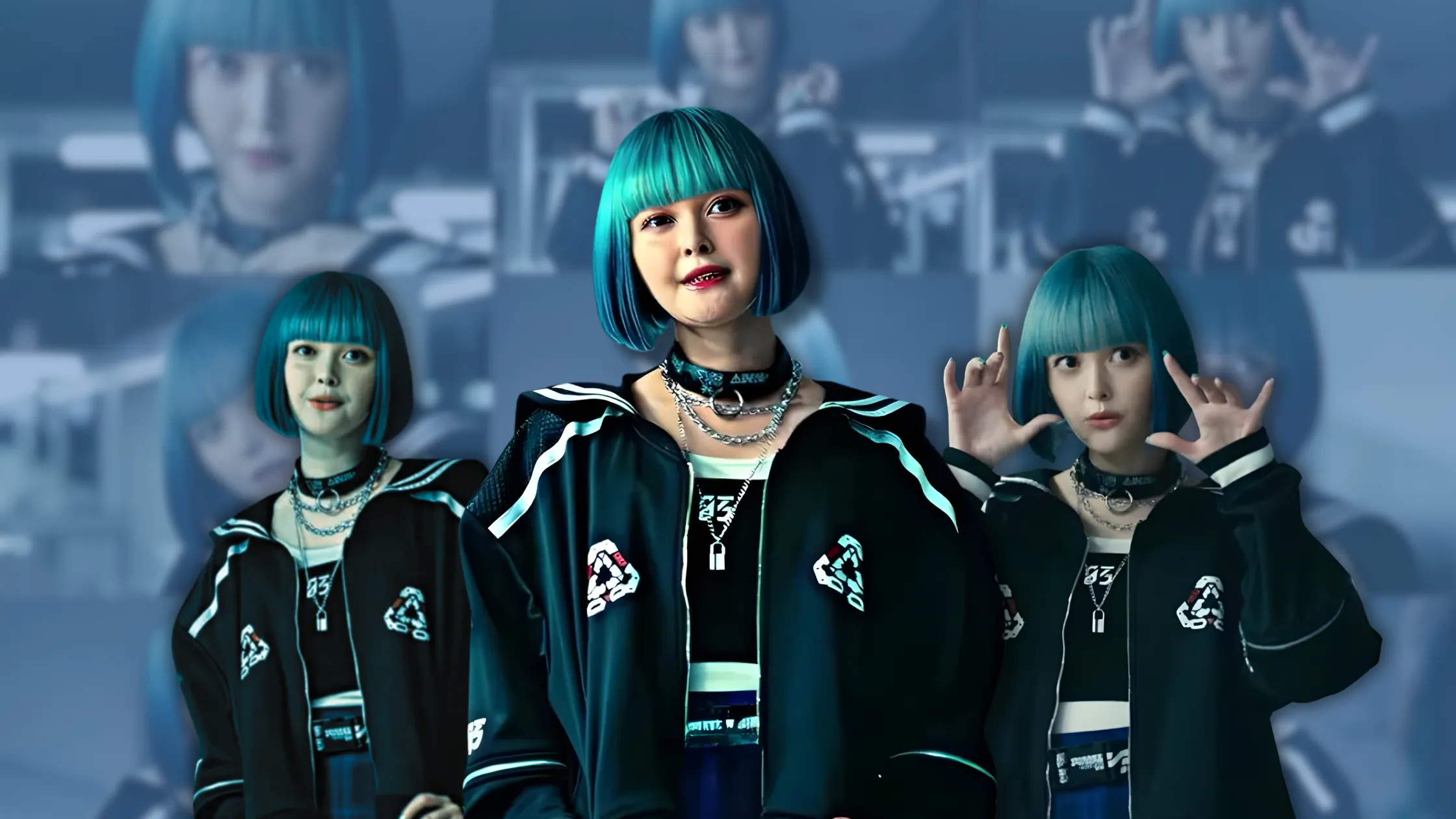Alice in Borderland S3 Morikage Rei Jacket — black cropped bomber with white graphics, sailor-style collar, and tech-inspired back design, inspired by Rei’s outfit in the Netflix series.