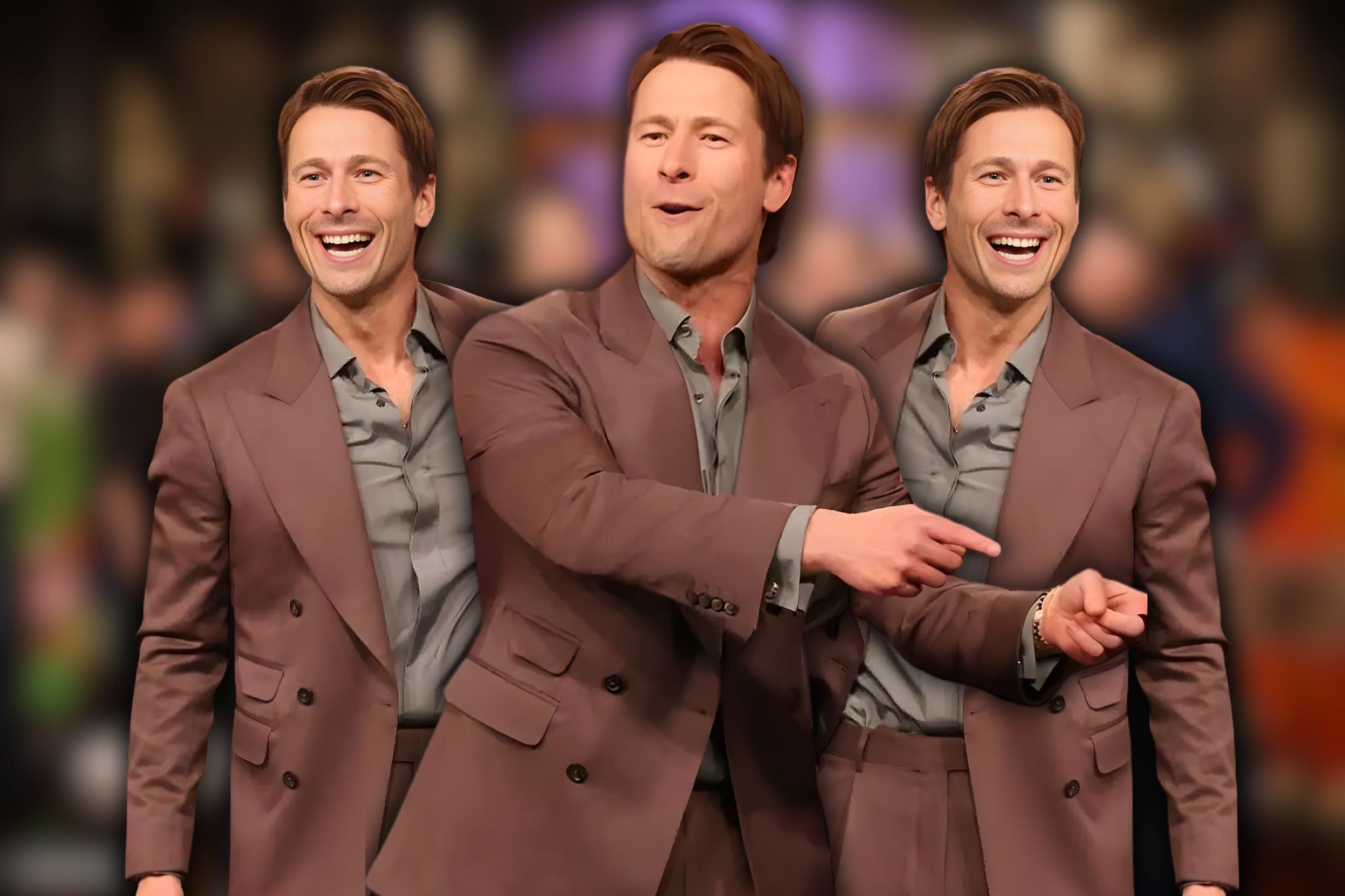 Glen Powell in a Mauve-Brown Double-Breasted Suit on Saturday Night Live Show