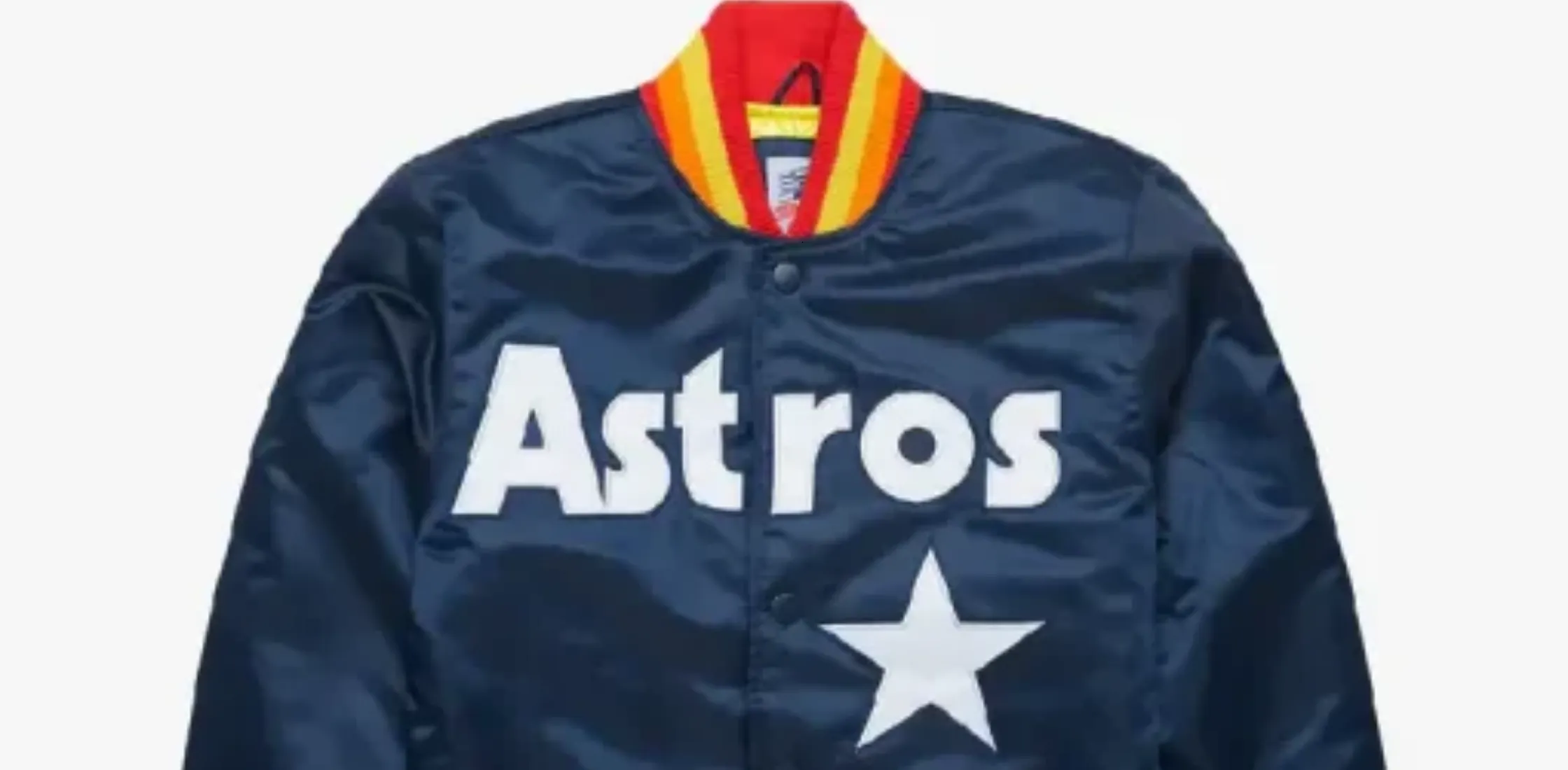 Homage X Starter Astros Satin Jacket in navy blue satin with bold Astros logo, striped ribbed trim, and vintage varsity bomber design