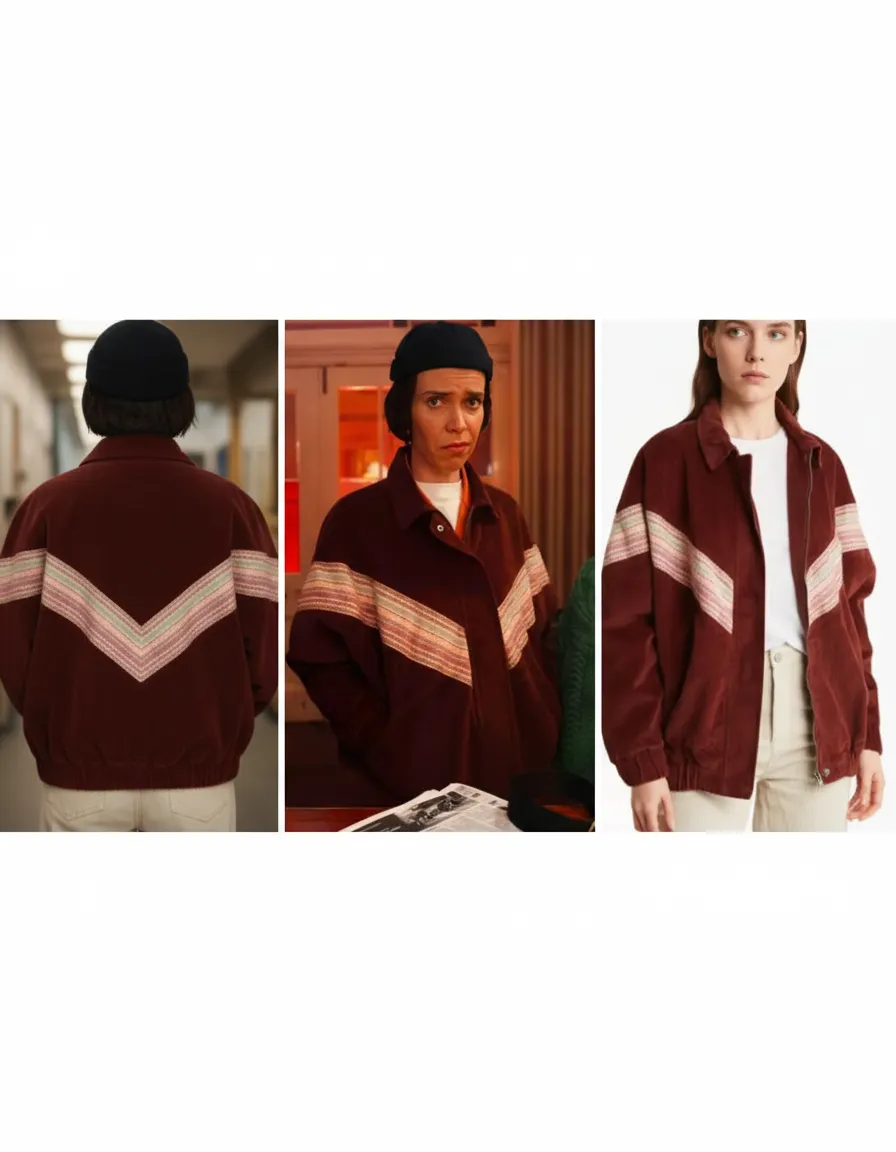 Caoilfhionn Dunne maroon striped corduroy jacket with chevron design in How to Get to Heaven From Belfast