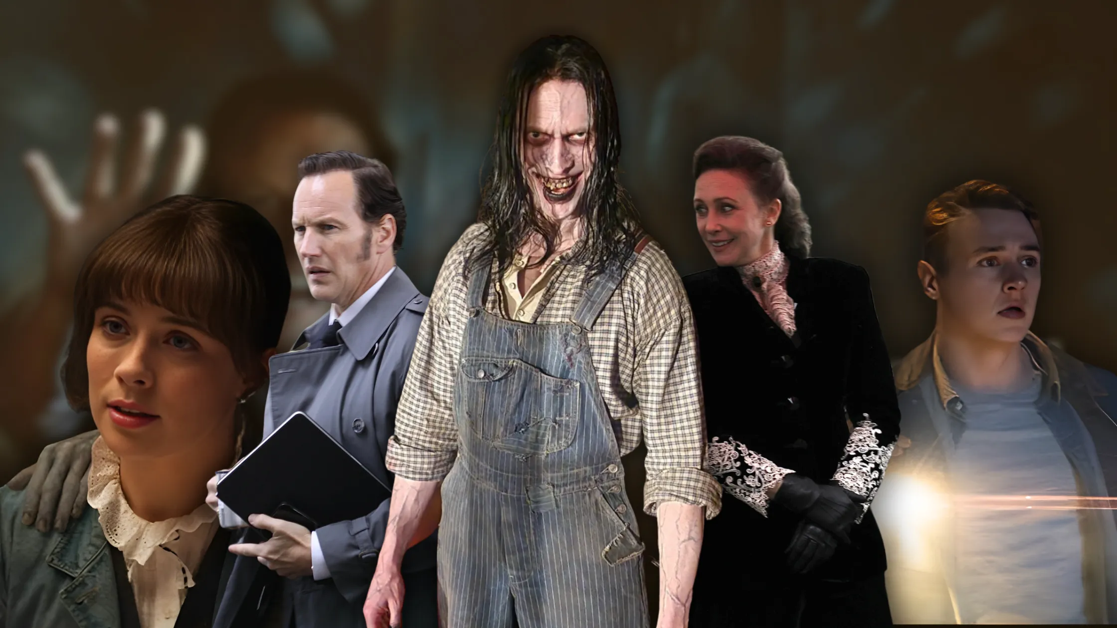 Patrick Wilson and Vera Farmiga as Ed and Lorraine Warren in The Conjuring: Last Rites, wearing gray trench and red plaid blazer — blending gothic style with modern cinematic fashion.