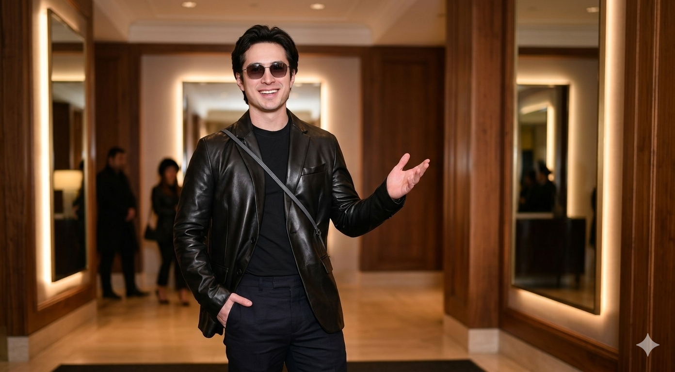 Hudson Williams black leather blazer at Milan Fashion Week Menswear Fall Winter 2026 2027