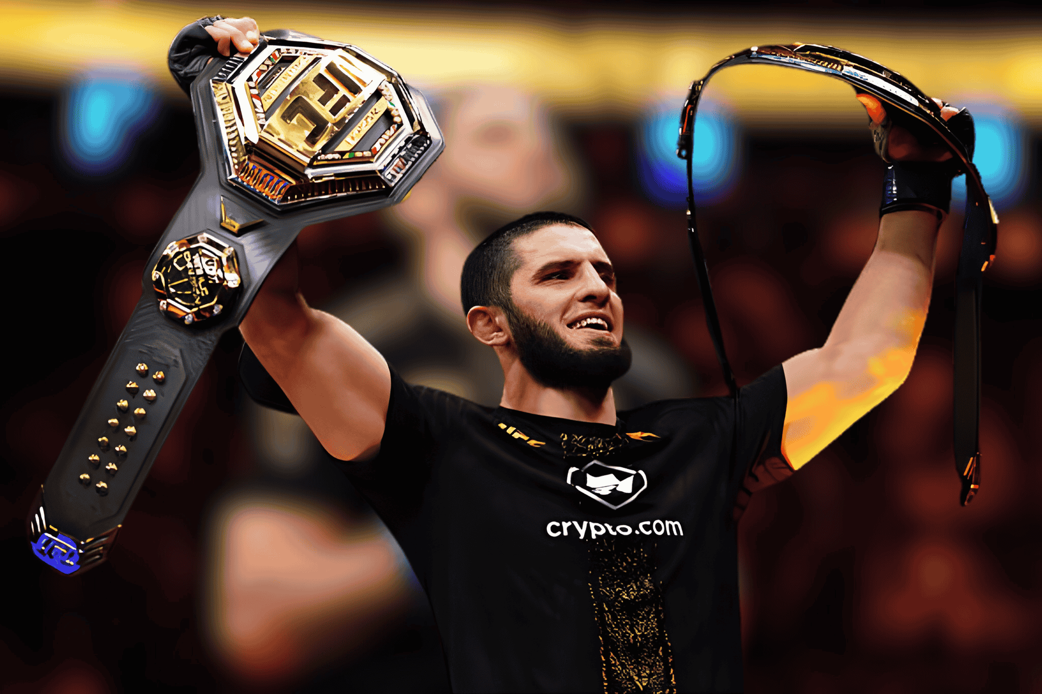 Islam Makhachev in a Black &amp; Gold Championship Shirt After His UFC 322 Victory