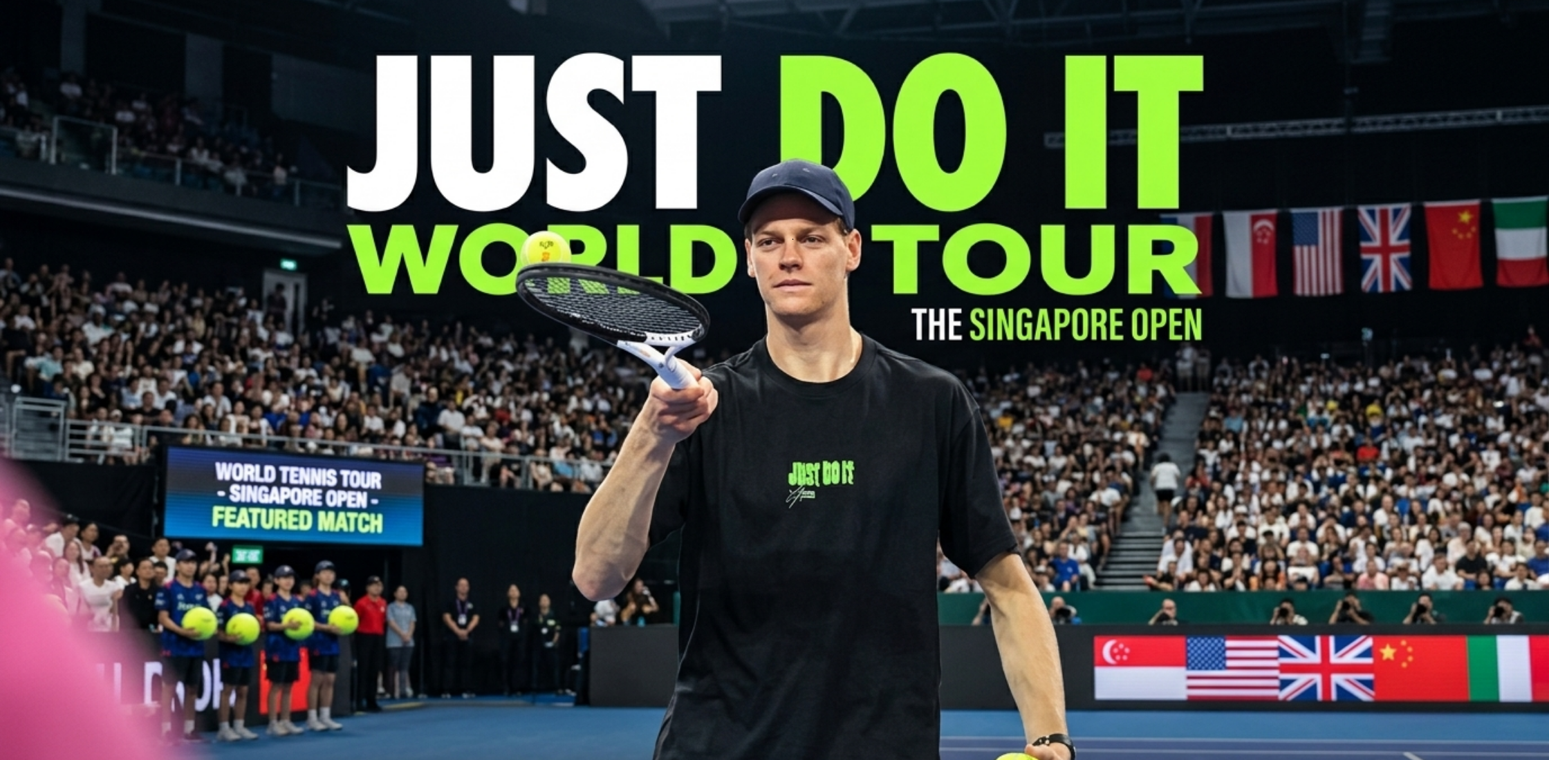 Jannik Sinner 2025 China Open black T-shirt featuring lime green â€œJust Do Itâ€ graphic with action print of Jannik Sinner on the back