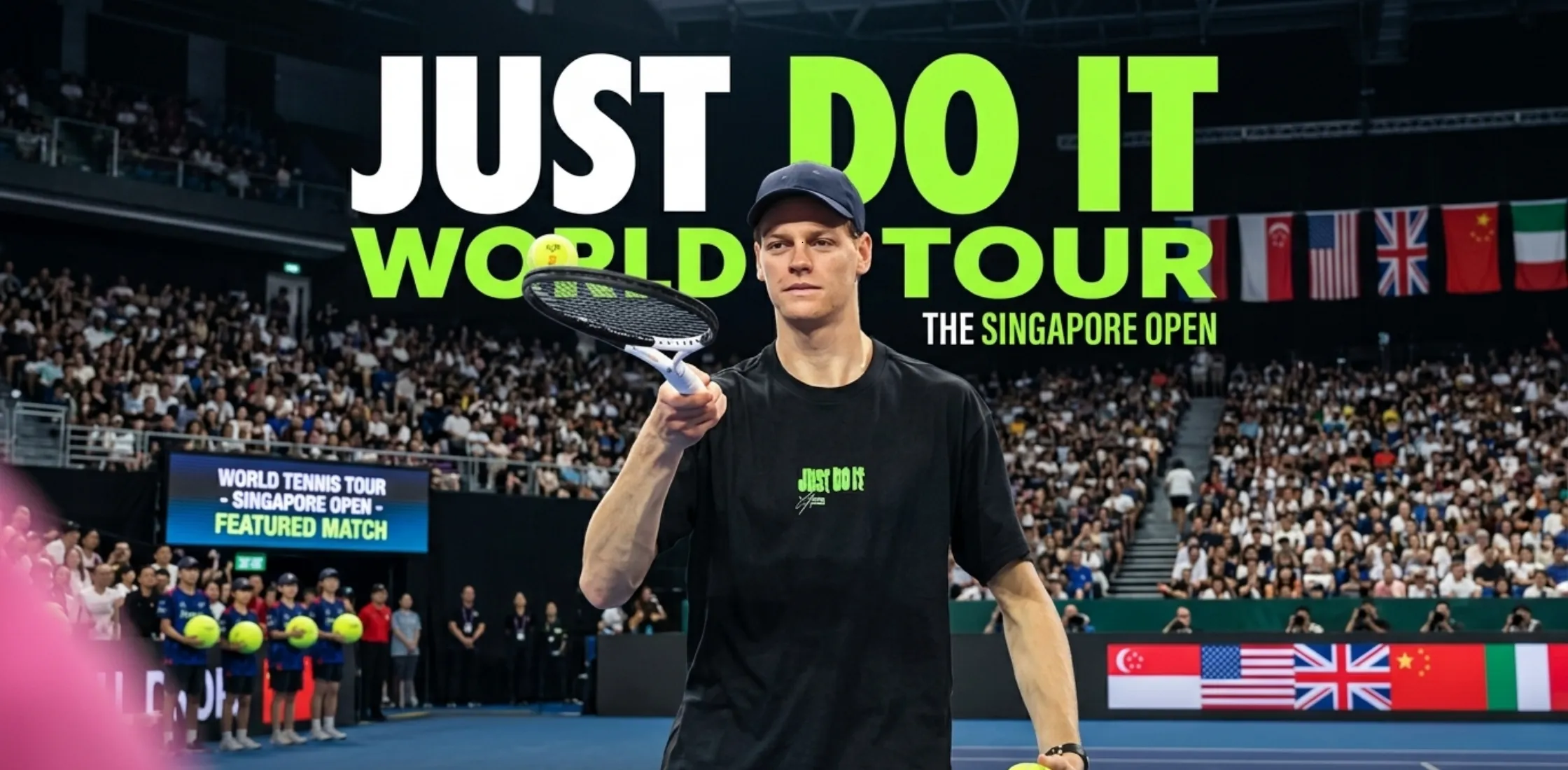 Jannik Sinner 2025 China Open black T-shirt featuring lime green “Just Do It” graphic with action print of Jannik Sinner on the back