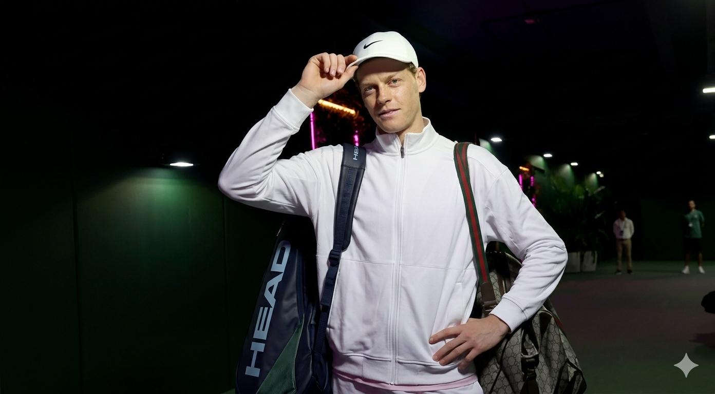 Jannik Sinner BNP Paribas Open 2026 white track jacket with high funnel neck and full-length zipper