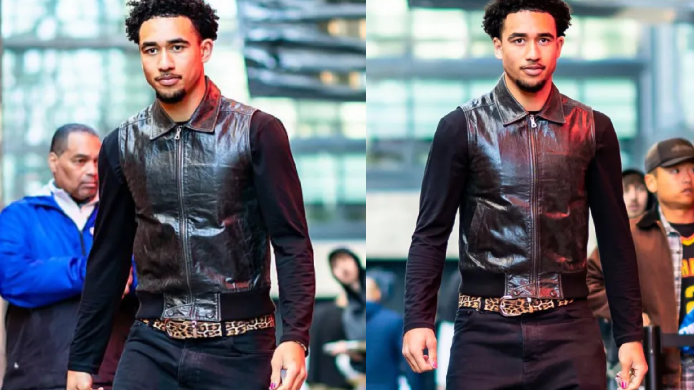 Jared McCain United States 2026 black leather vest with point collar and diagonal welt pockets