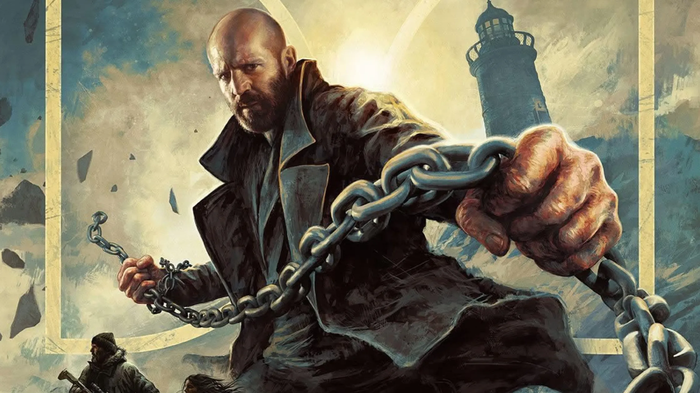 Shelter star Jason Statham wears a rugged black parka jacket, adding a bold survival edge to the scene.