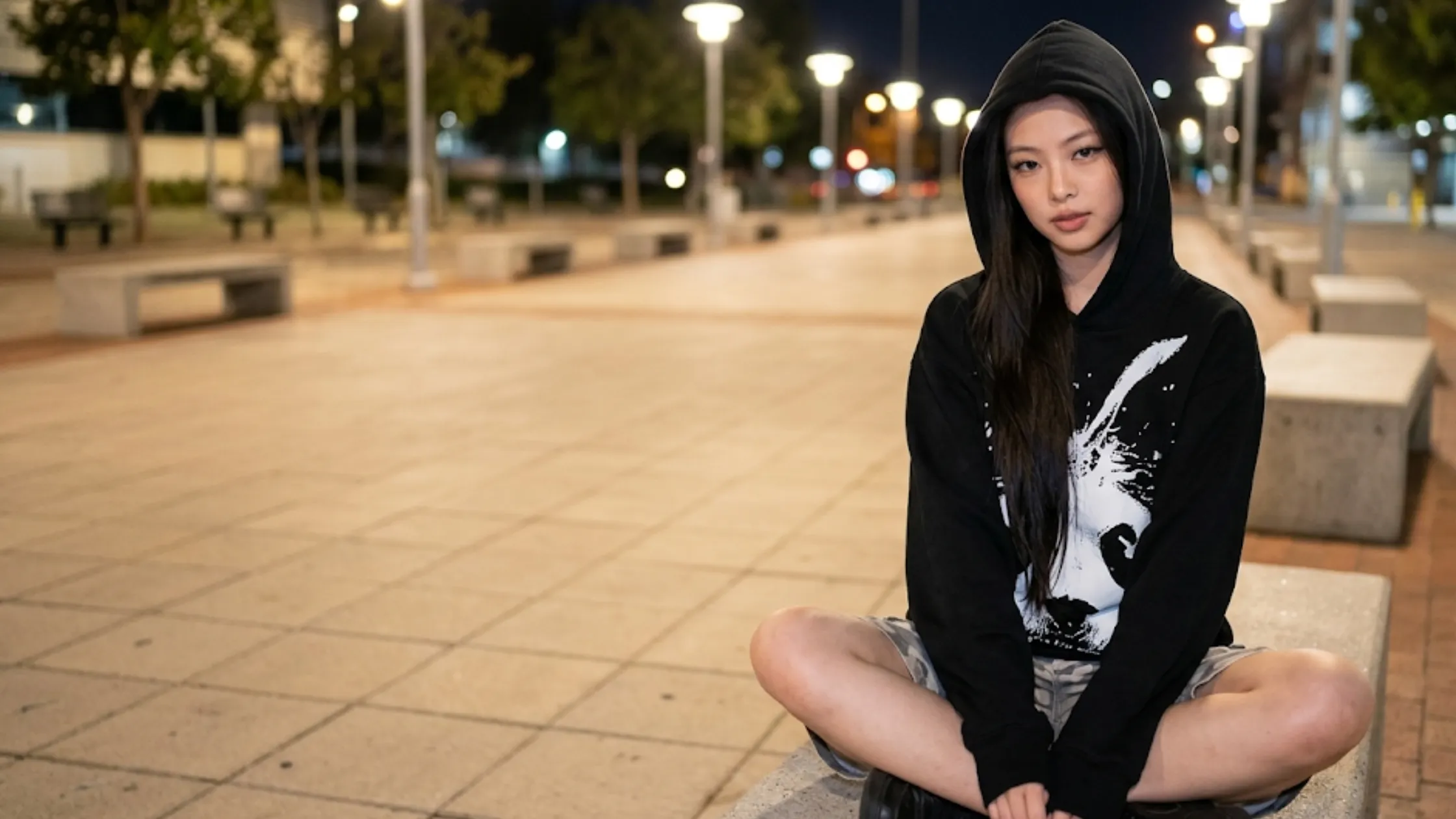 Jennie Kim X Complexcon Hong Kong black zip-up hoodie with graffiti 96 print, back portrait graphic, and turquoise marble streetwear design