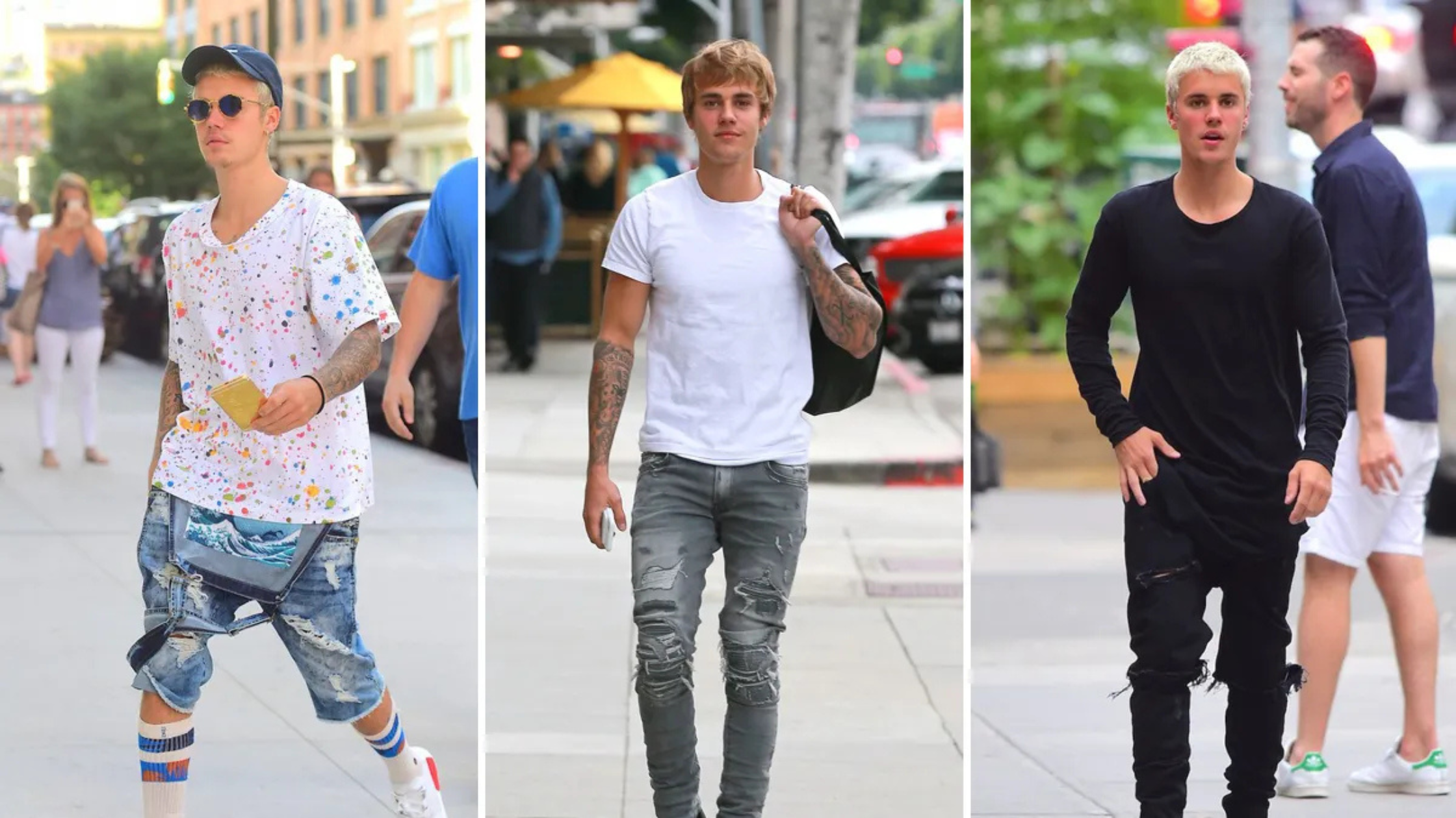 Justin Bieber street style featuring oversized jackets, hoodies, and jerseys that define his modern celebrity fashion aesthetic.
