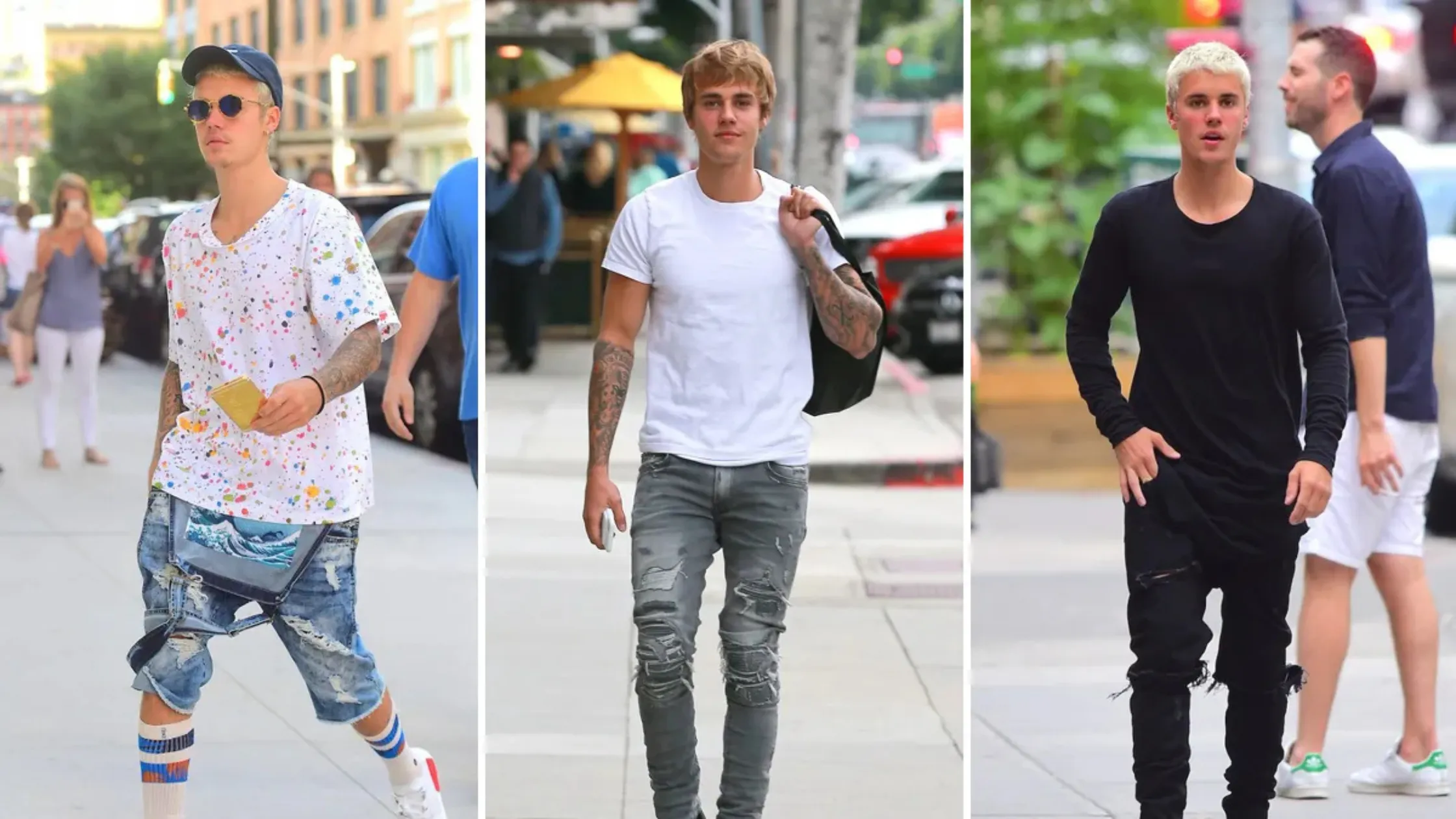 Justin Bieber street style featuring oversized jackets, hoodies, and jerseys that define his modern celebrity fashion aesthetic.