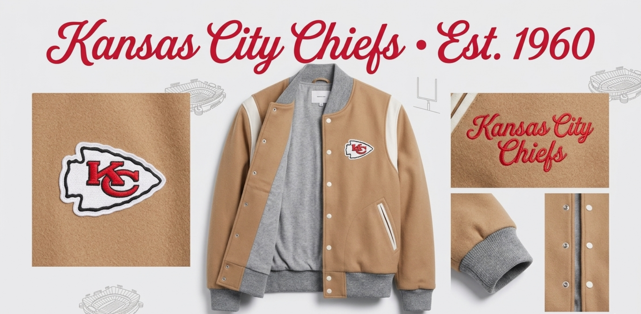 Kansas City Chiefs oatmeal cashmere full-snap varsity jacket with camel tone, arrowhead logo, and bold red â€œCHIEFSâ€ back lettering