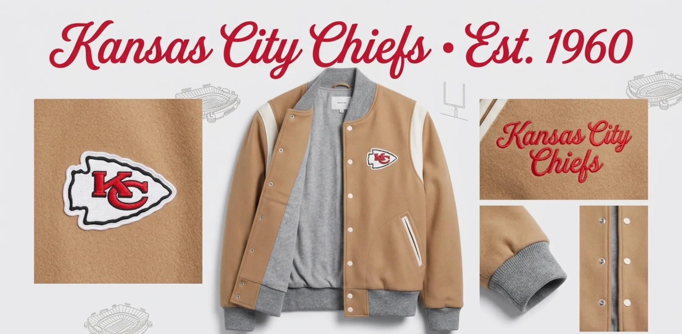 Kansas City Chiefs oatmeal cashmere full-snap varsity jacket with camel tone, arrowhead logo, and bold red “CHIEFS” back lettering