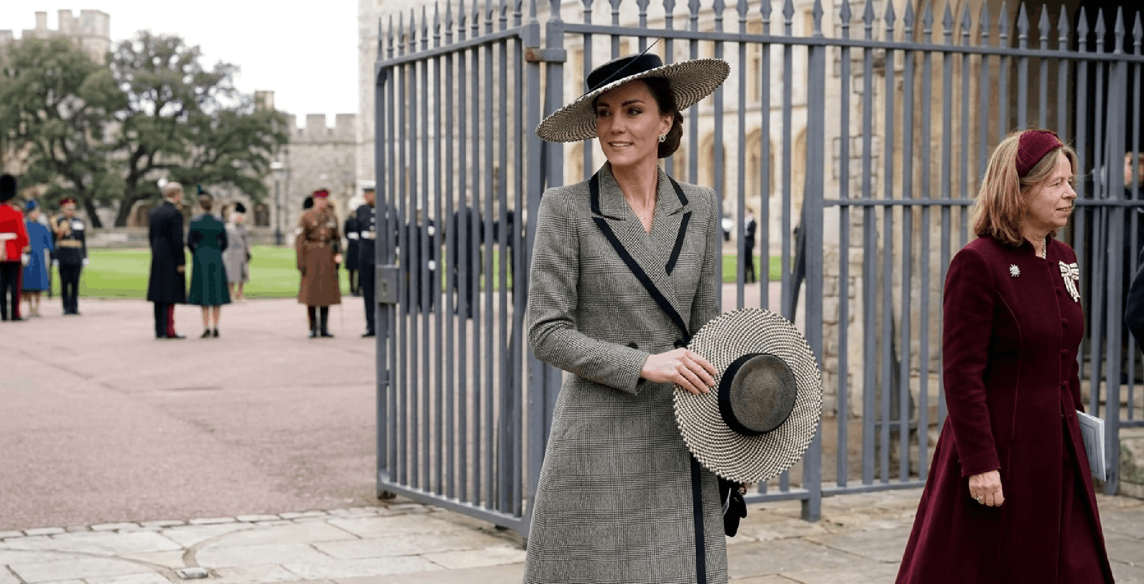 Kate Middleton inspired Glen plaid double-breasted royal coat with black velvet lapel piping and structured British tailoring