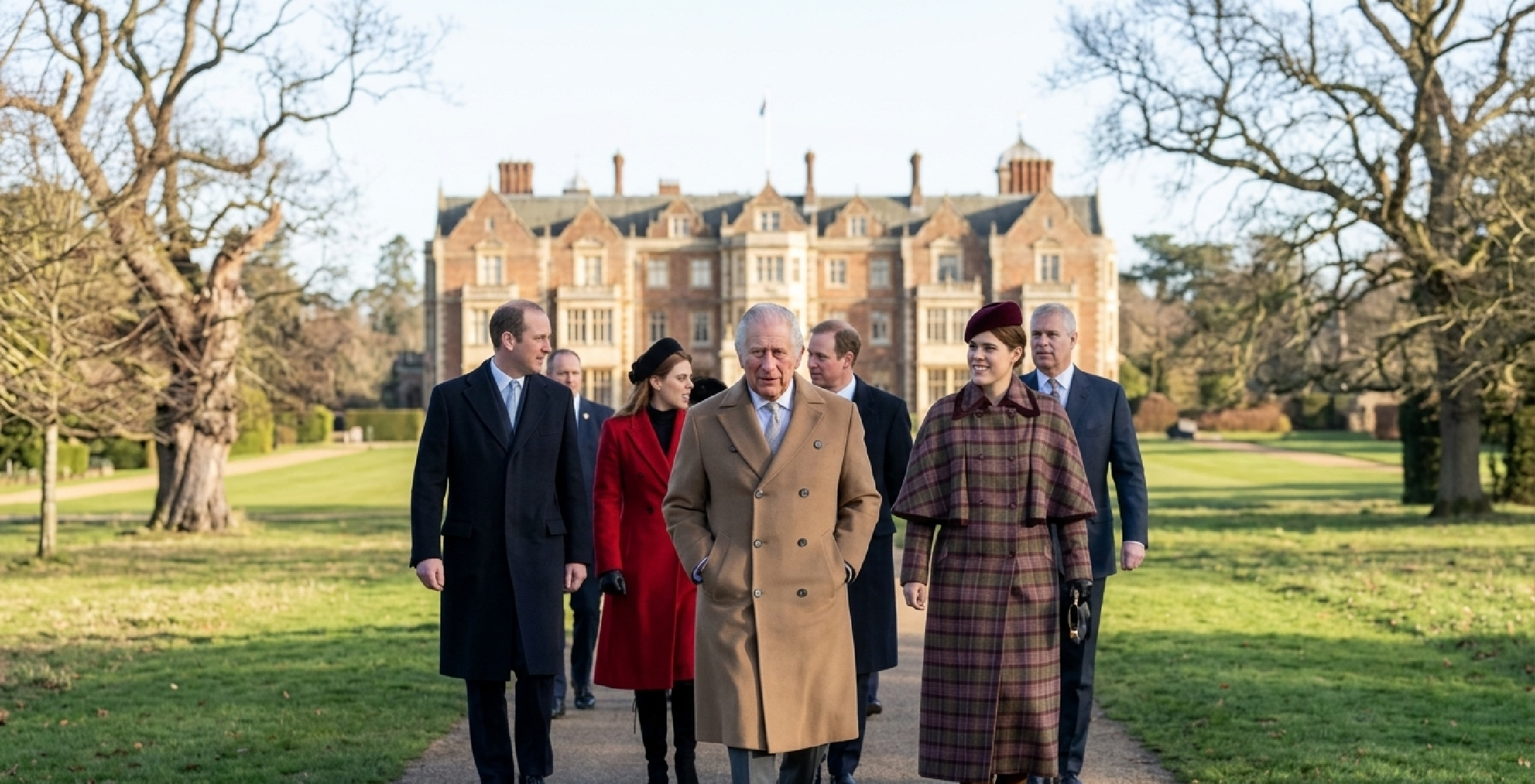 King Charles Christmas Morning 2025 camel brown double-breasted wool overcoat with peak lapels