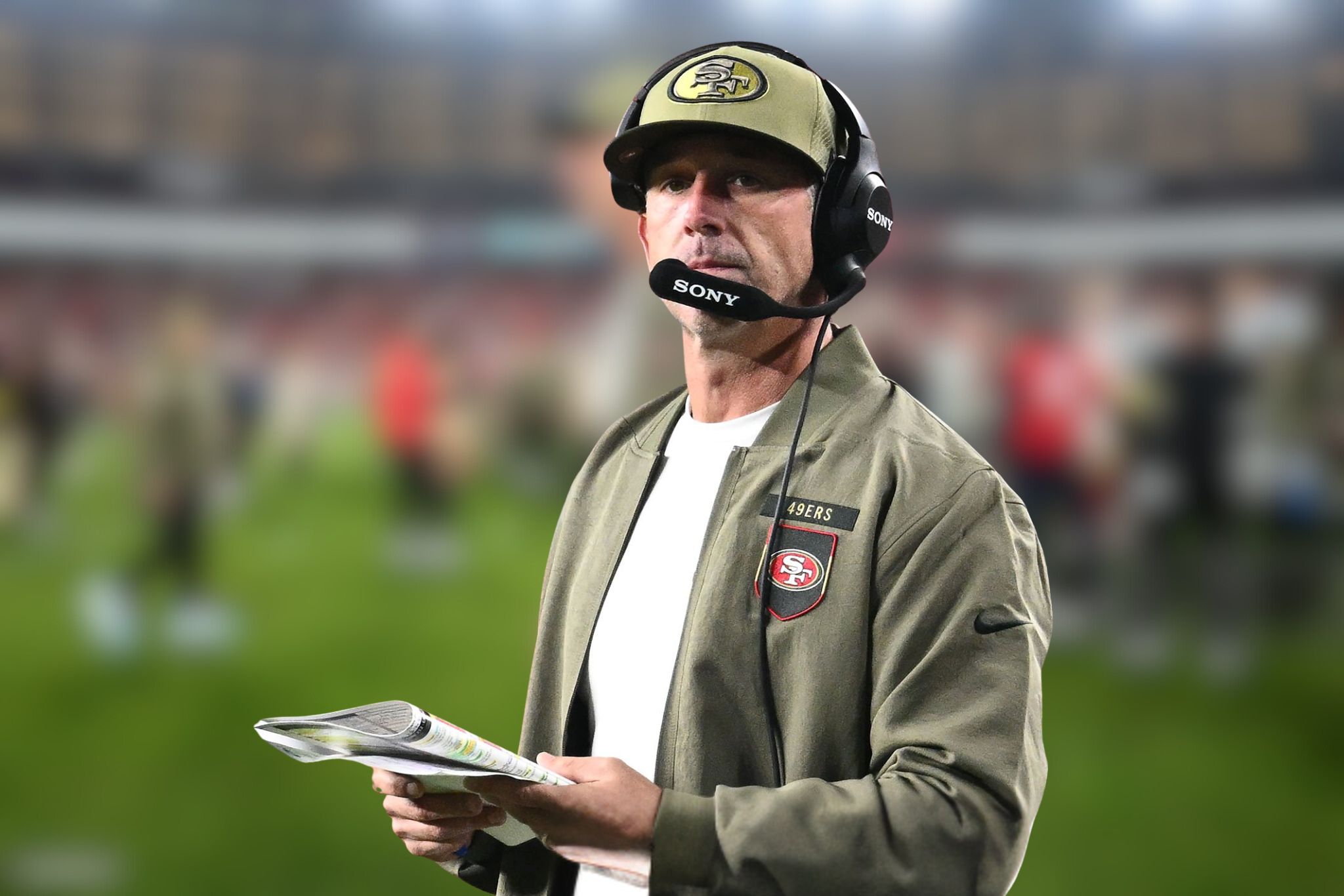 Kyle Shanahan San Francisco 49ers Olive Green Coaching Jacket 2025 Sideline Style