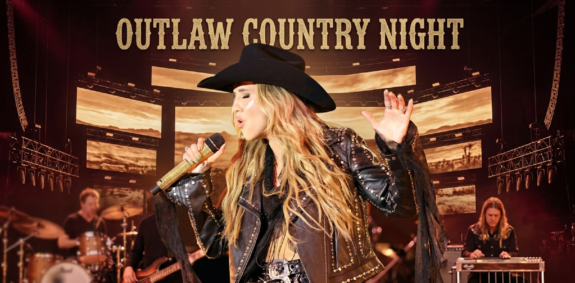 Lainey Wilson wearing black studded leather jacket with fringe at 2026 SXSW performance