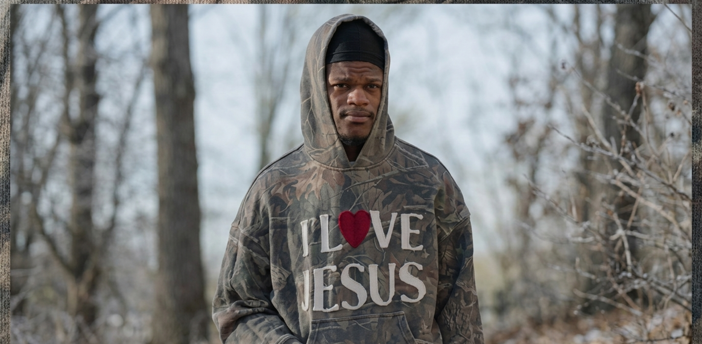 Lamar Jackson I Love Jesus camo oversized hoodie with chenille lettering, red heart patch, and streetwear fleece design inspired by NFL fashion style
