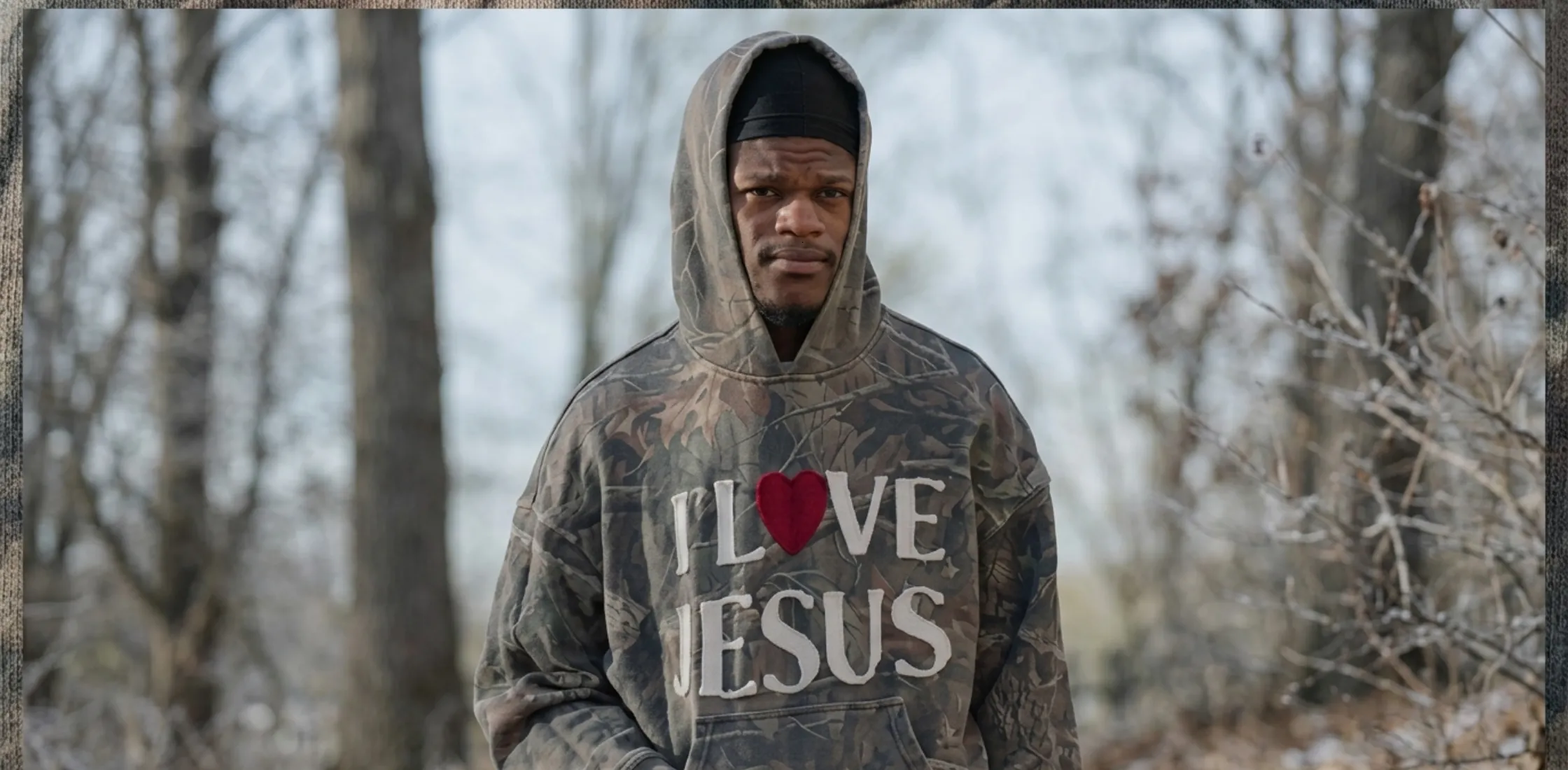 Lamar Jackson I Love Jesus camo oversized hoodie with chenille lettering, red heart patch, and streetwear fleece design inspired by NFL fashion style