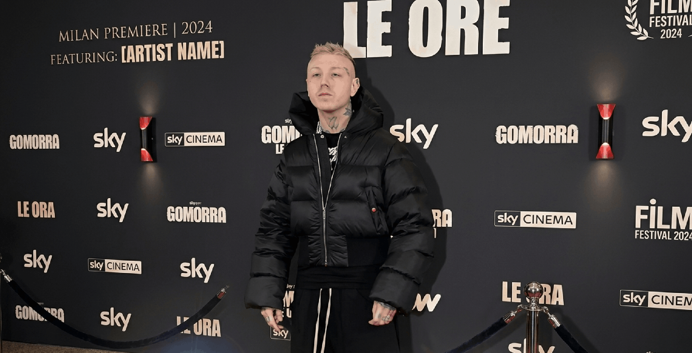 Lazza Gomorra Le Origini Photocall Black Cropped Oversized Satin Puffer Jacket with Sculptural Hood